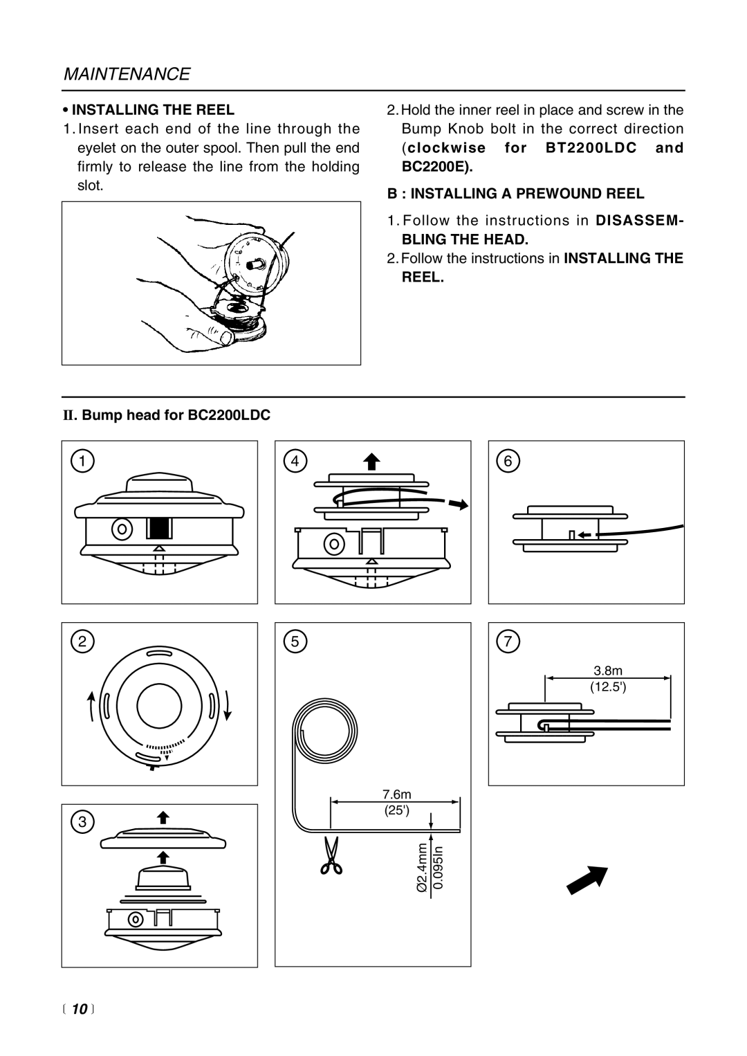 RedMax HE2200LDC, BC2200E, BC2200LDC, BT2200LDC manual Installing the Reel, Installing a Prewound Reel, Bling the Head,  10  