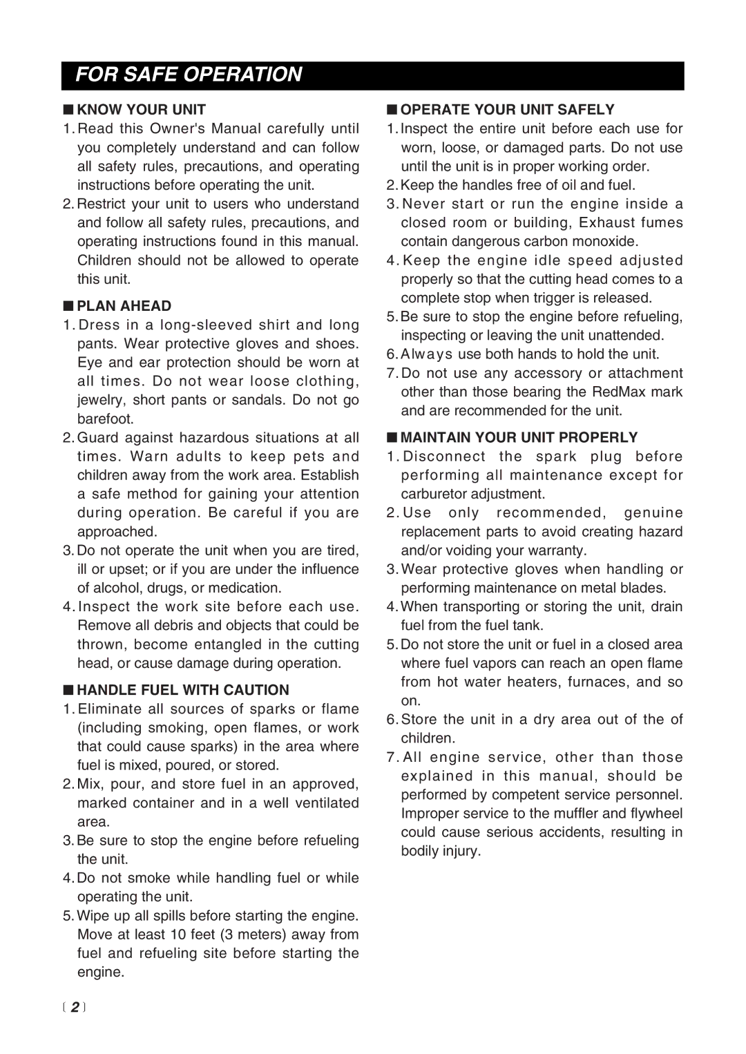 RedMax HE2200LDC, BC2200E, BC2200LDC, BT2200LDC manual For Safe Operation,  2  