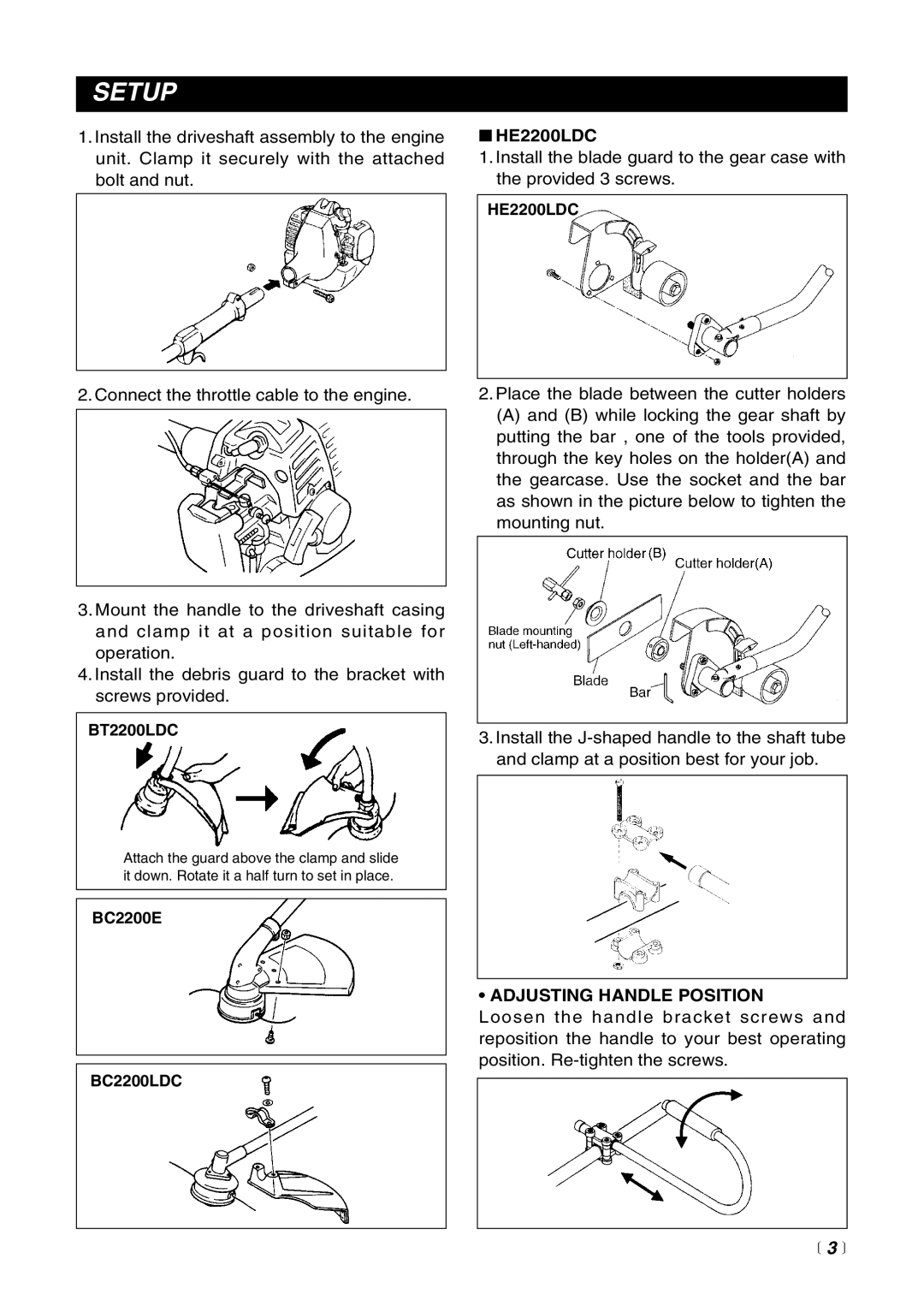 RedMax BC2200E, BC2200LDC, BT2200LDC manual Setup, HE2200LDC, Adjusting Handle Position,  3  