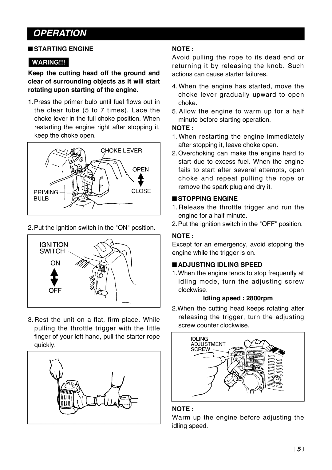 RedMax BT2200LDC, HE2200LDC, BC2200E, BC2200LDC Operation, Starting Engine, Stopping Engine, Adjusting Idling Speed,  5  