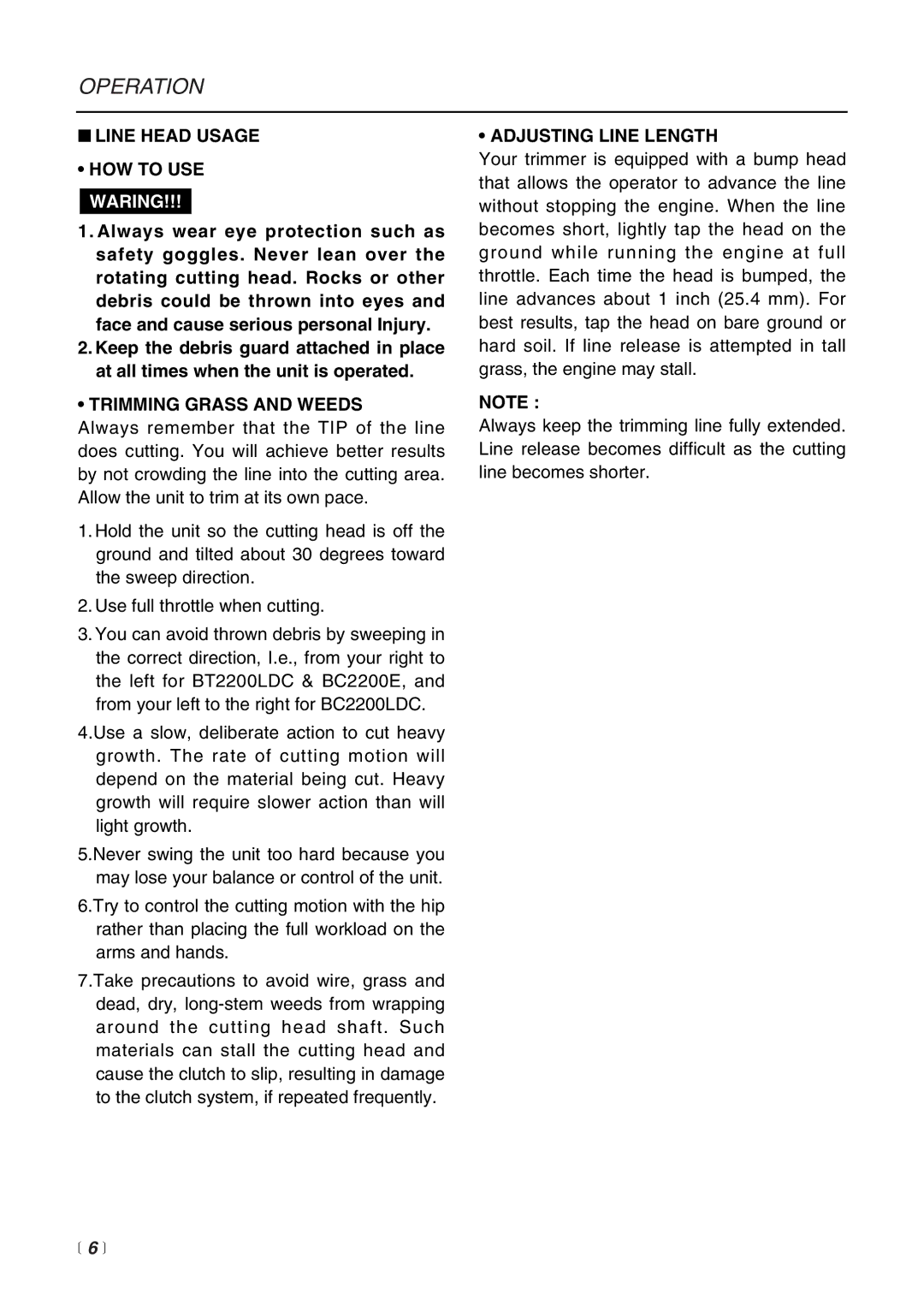 RedMax HE2200LDC, BC2200E manual Line Head Usage HOW to USE Waring, Trimming Grass and Weeds, Adjusting Line Length,  6  