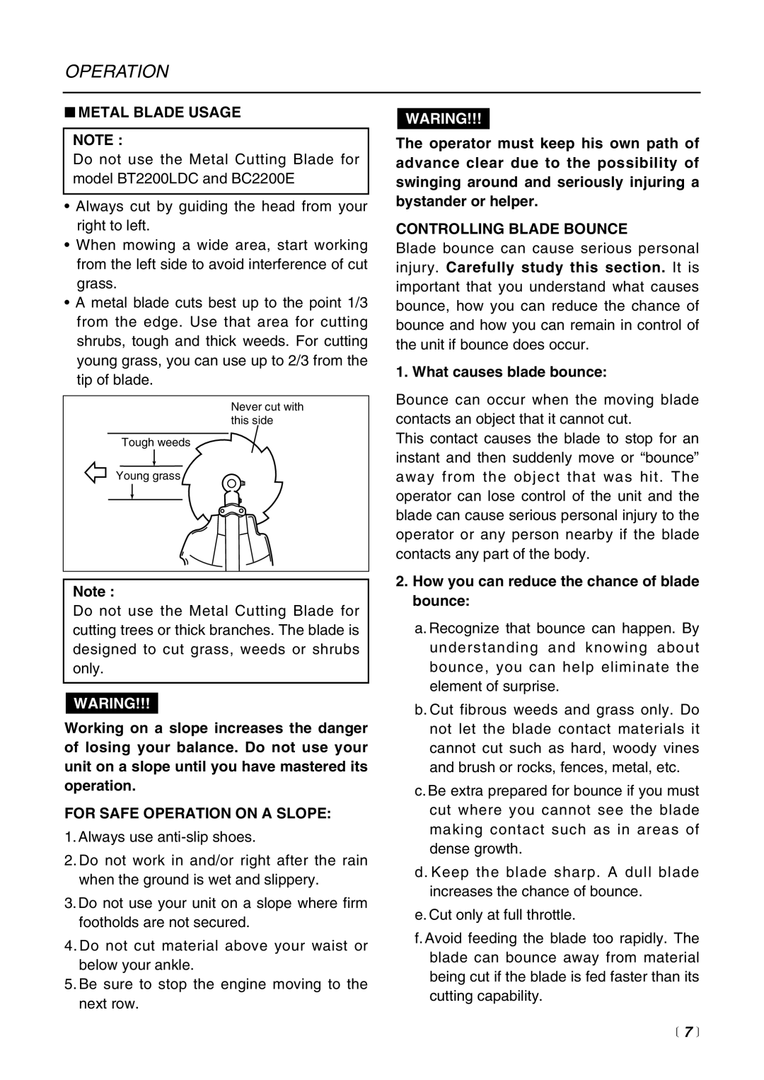 RedMax BC2200E manual Metal Blade Usage, For Safe Operation on a Slope, Controlling Blade Bounce, What causes blade bounce 