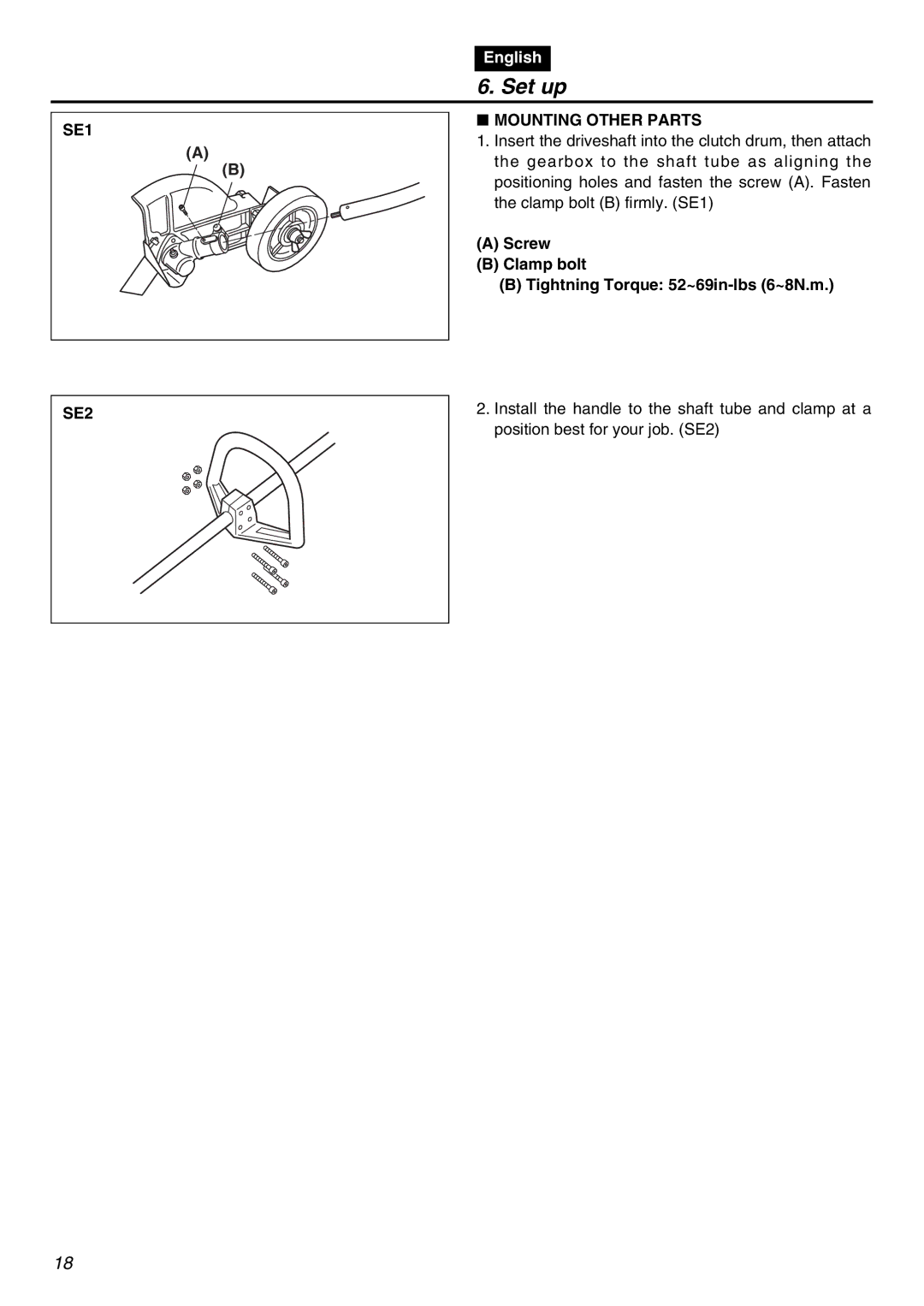 RedMax HE250F manual Set up, SE1 Mounting Other Parts, Screw Clamp bolt Tightning Torque 52~69in-lbs 6~8N.m, SE2 