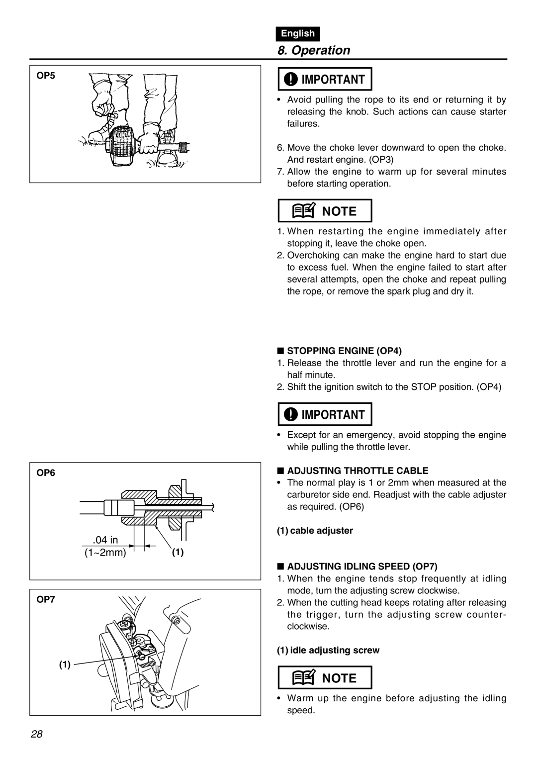 RedMax HE250F manual OP5, OP6, Stopping Engine OP4, Adjusting Throttle Cable, Adjusting Idling Speed OP7 