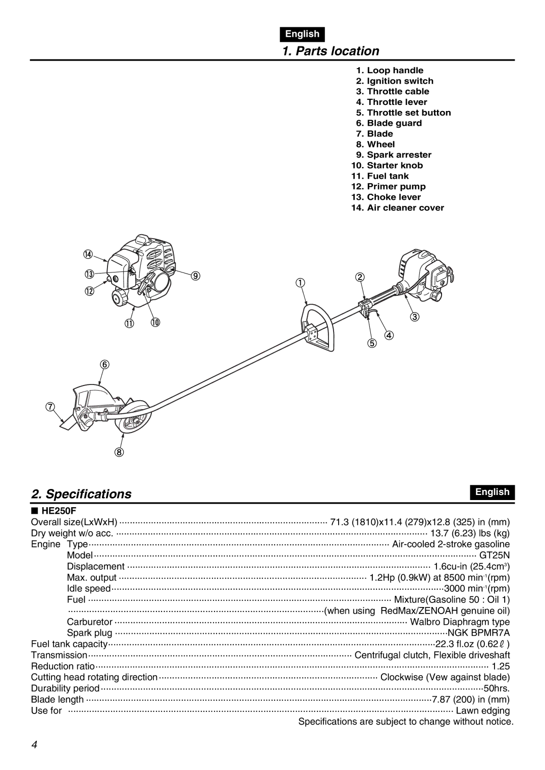 RedMax HE250F manual Parts location, Specifications 