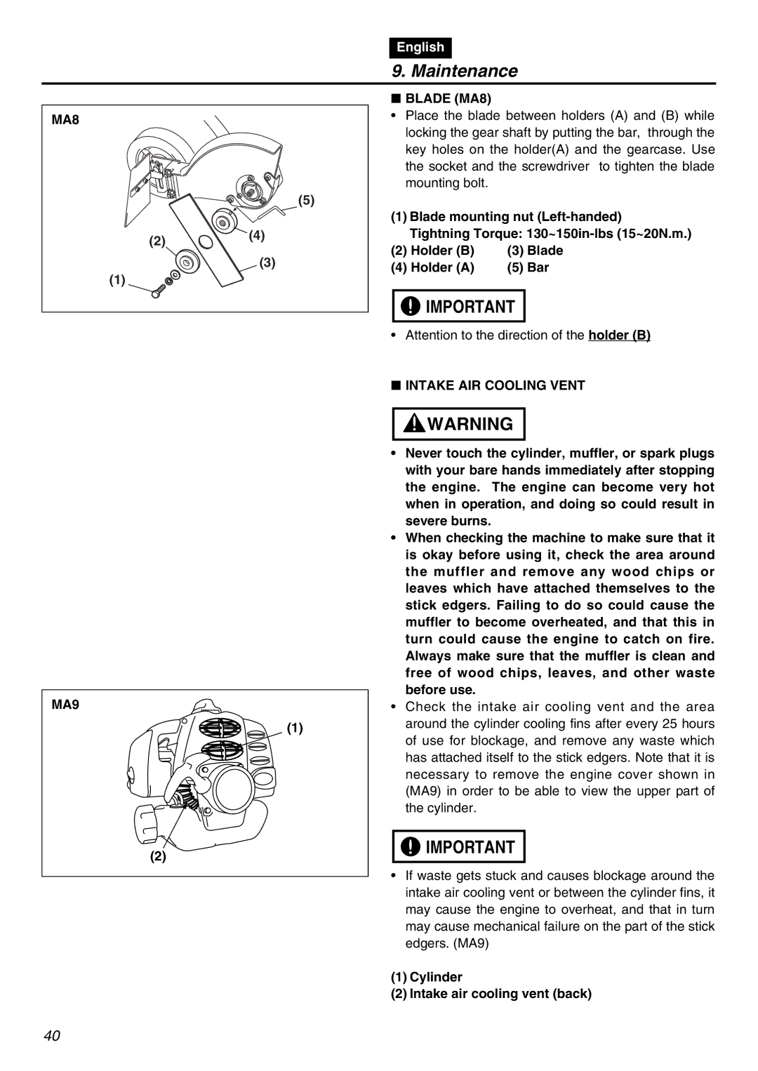 RedMax HE250F manual MA8 Blade MA8, Intake AIR Cooling Vent MA9, Cylinder Intake air cooling vent back 