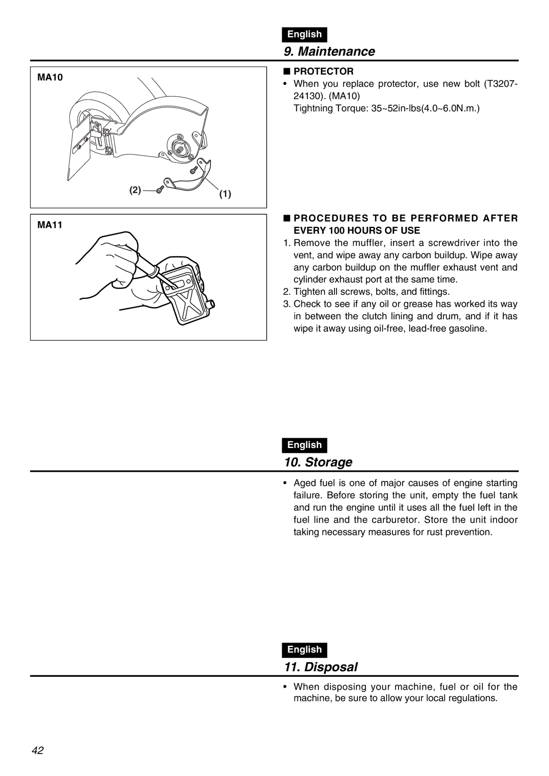 RedMax HE250F manual Storage, Disposal, Protector, Procedures to be Performed After Every 100 Hours of USE 