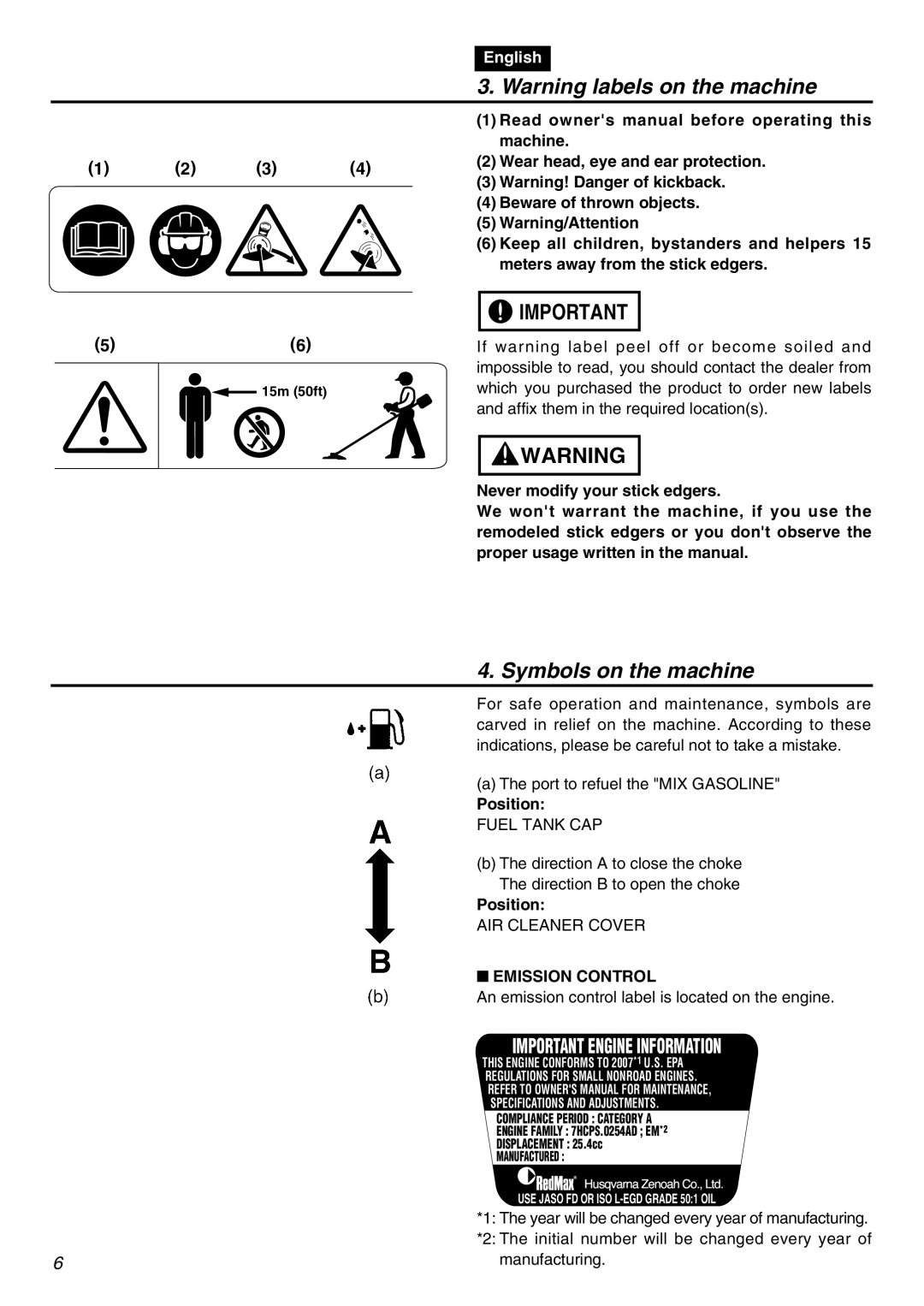 RedMax HE250F manual Symbols on the machine, Position, Emission Control 