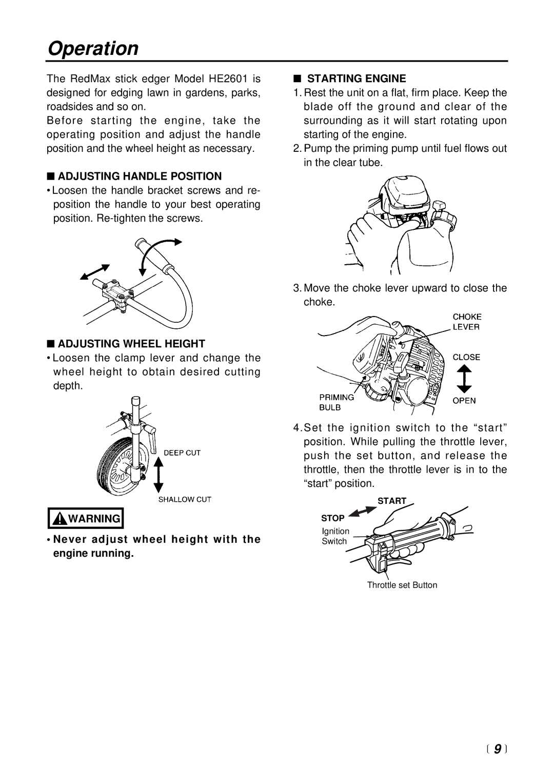 RedMax HE2601 manual Operation,  9 , Adjusting Handle Position, Adjusting Wheel Height, Starting Engine 