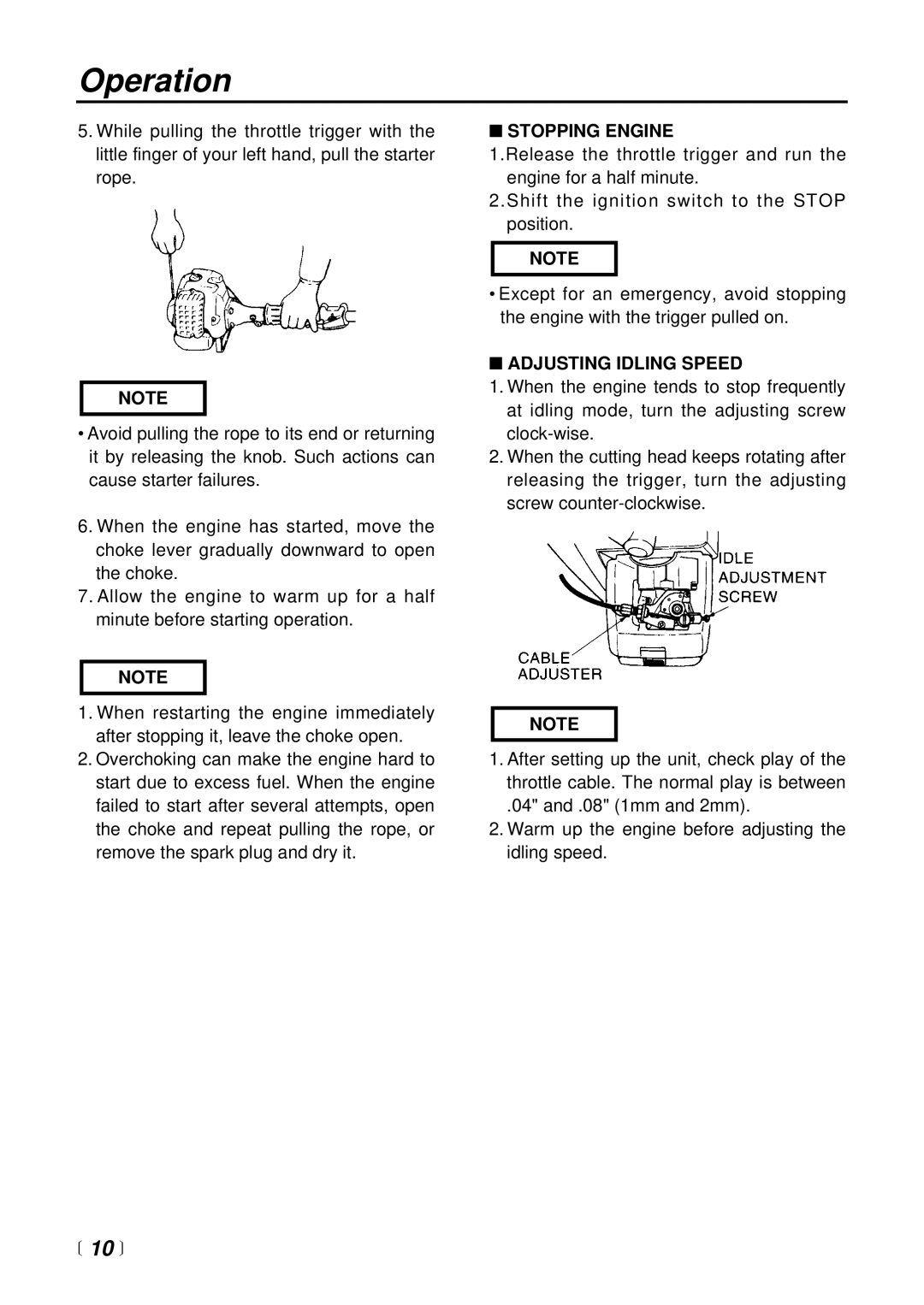 RedMax HE2601 manual  10 , Stopping Engine, Adjusting Idling Speed 