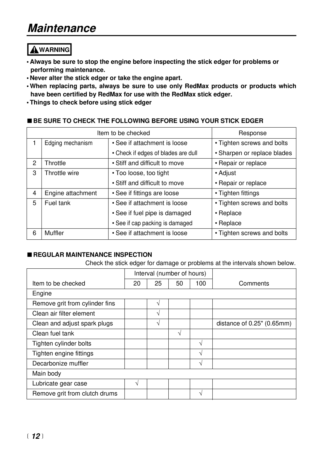 RedMax HE2601 manual  12 , Regular Maintenance Inspection 