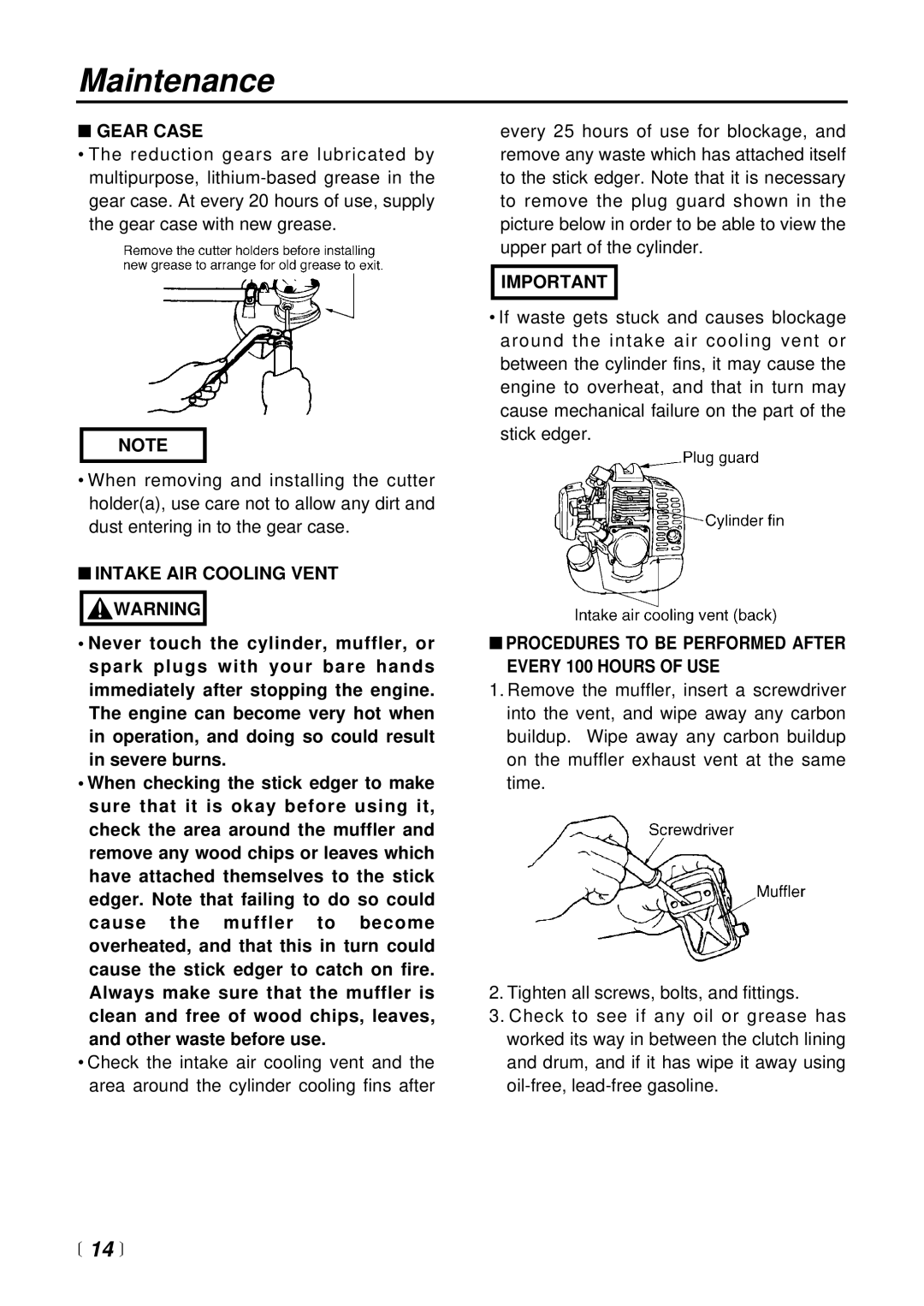 RedMax HE2601  14 , Gear Case, Intake AIR Cooling Vent Warning, Procedures to be Performed After Every 100 Hours of USE 