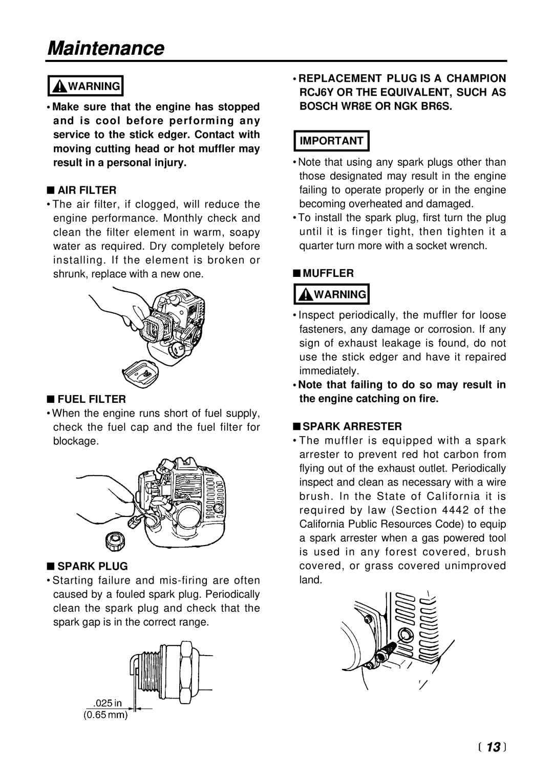 RedMax HE2601 manual 13 , Maintenance, Air Filter, Fuel Filter, Spark Plug, Muffler, Spark Arrester 