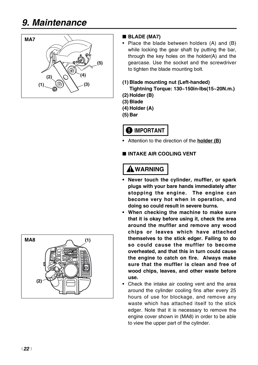 RedMax HEZ2500F, HE225F manual Blade MA7, Intake AIR Cooling Vent,  22  