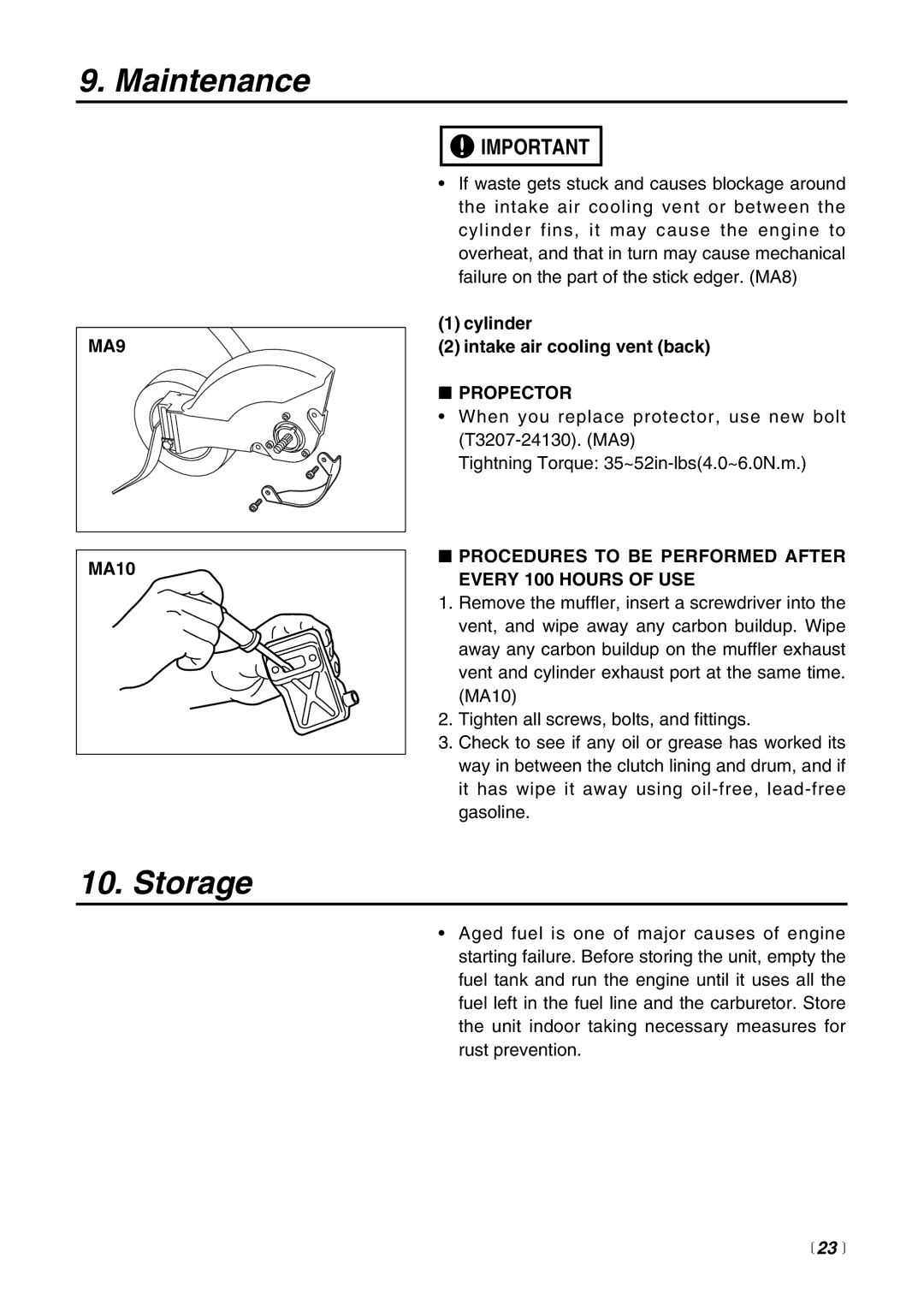 RedMax HE225F, HEZ2500F manual Storage, MA9, Propector, Procedures to be Performed After Every 100 Hours of USE,  23  