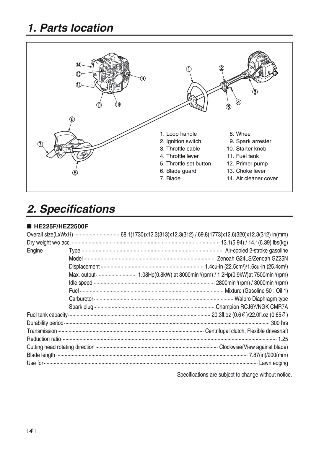 RedMax HEZ2500F, HE225F manual Parts location, Specifications,  4  