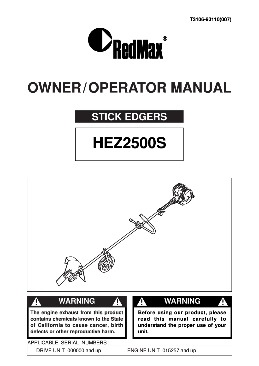 RedMax HEZ2500S manual Stick Edgers, Owner / Operator Manual, Warning Warning 