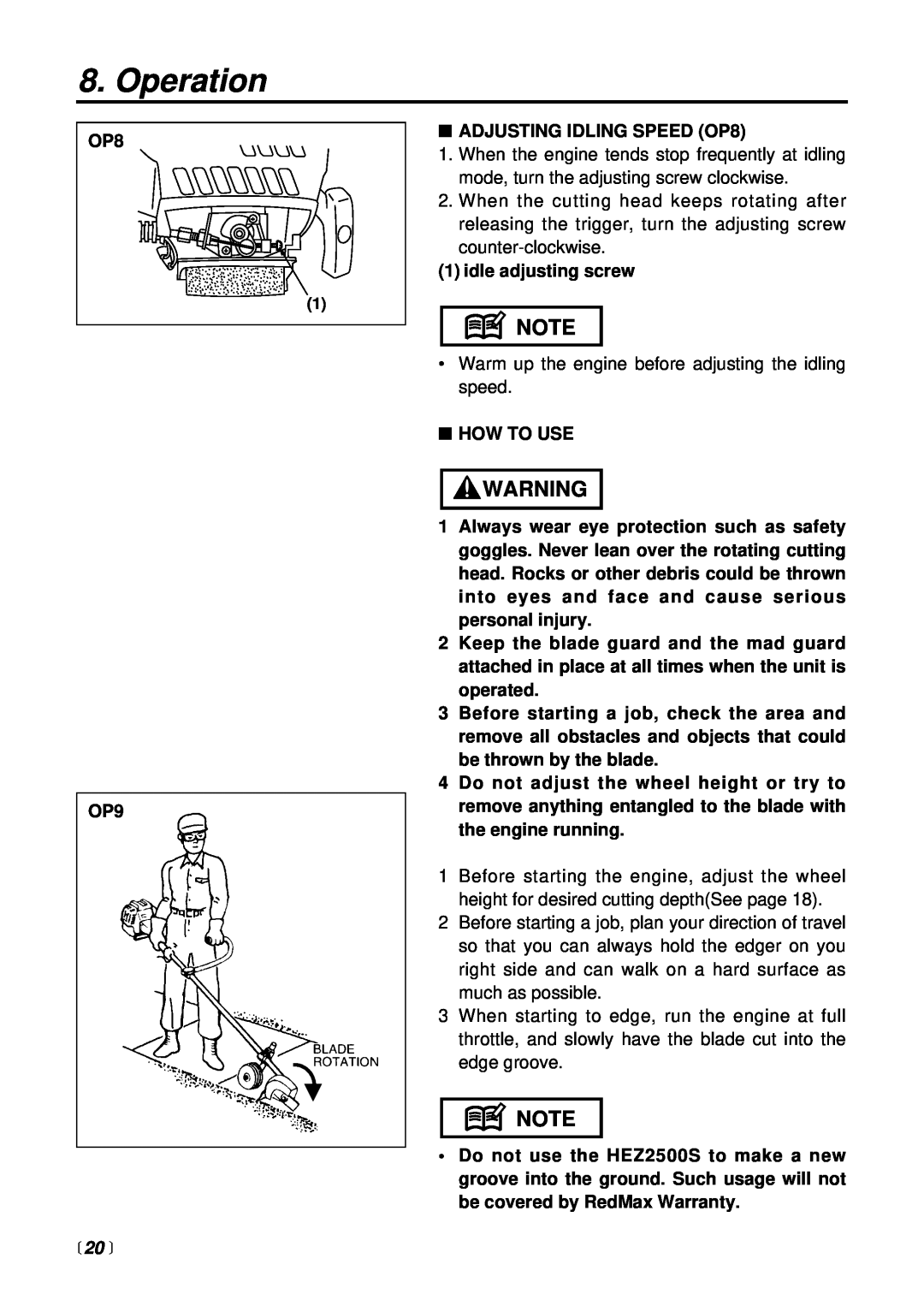 RedMax HEZ2500S manual  20 , Operation, ADJUSTING IDLING SPEED OP8 