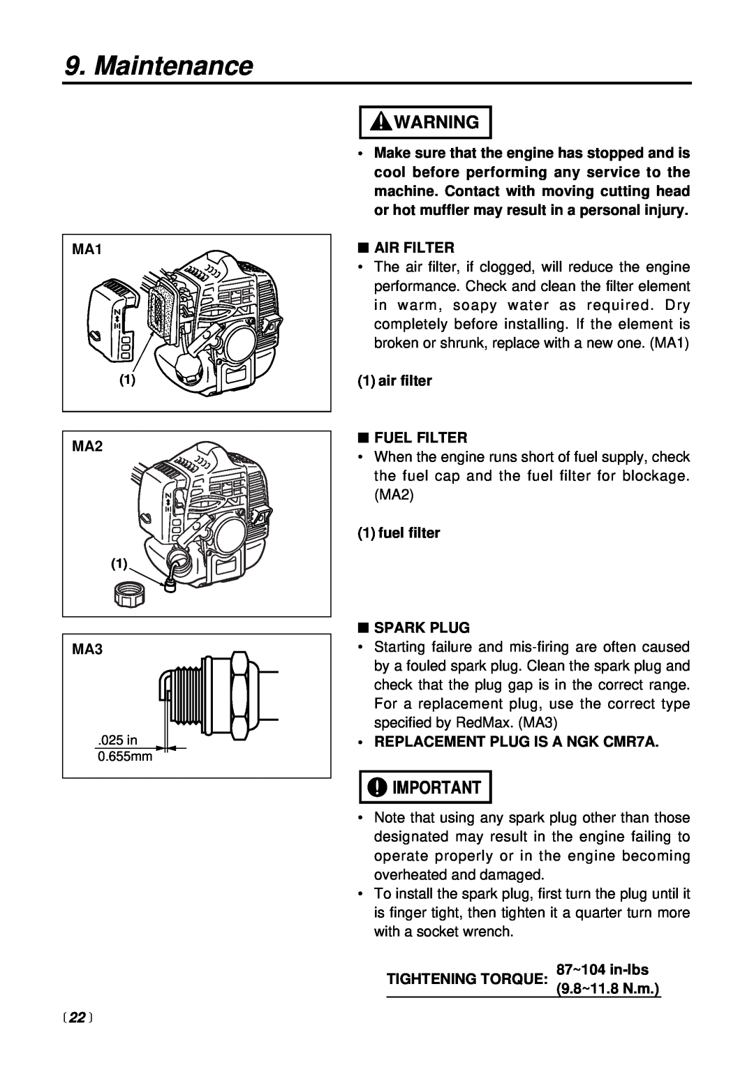 RedMax HEZ2500S manual  22 , Maintenance, Air Filter 