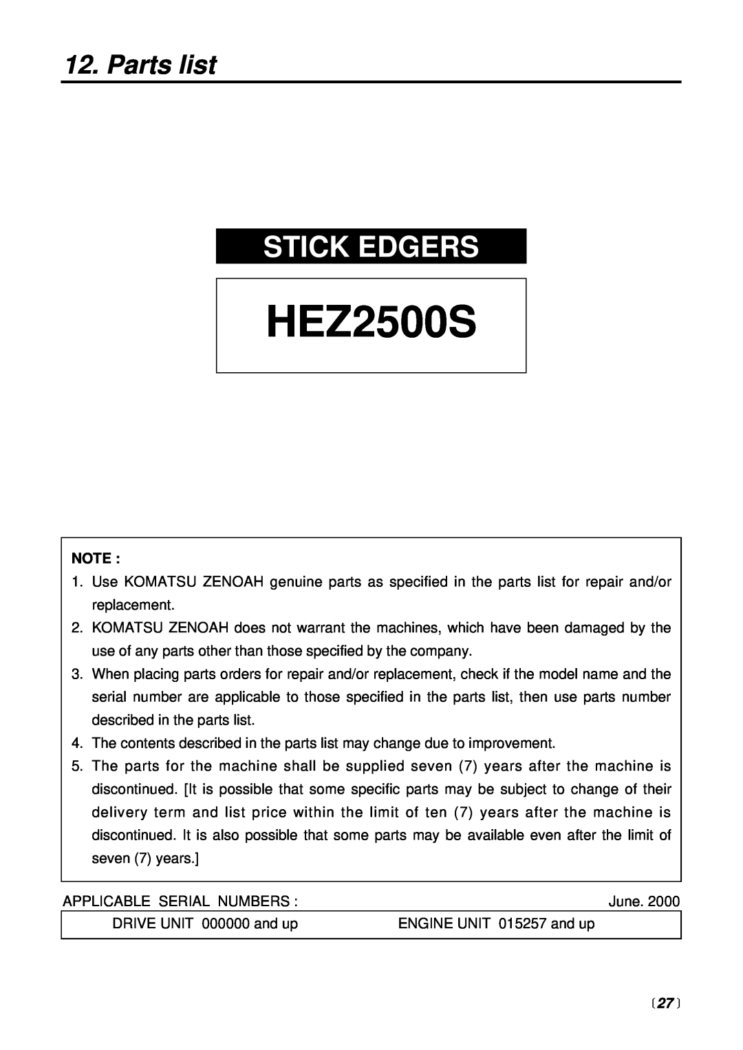 RedMax HEZ2500S manual Parts list,  27 , Stick Edgers 