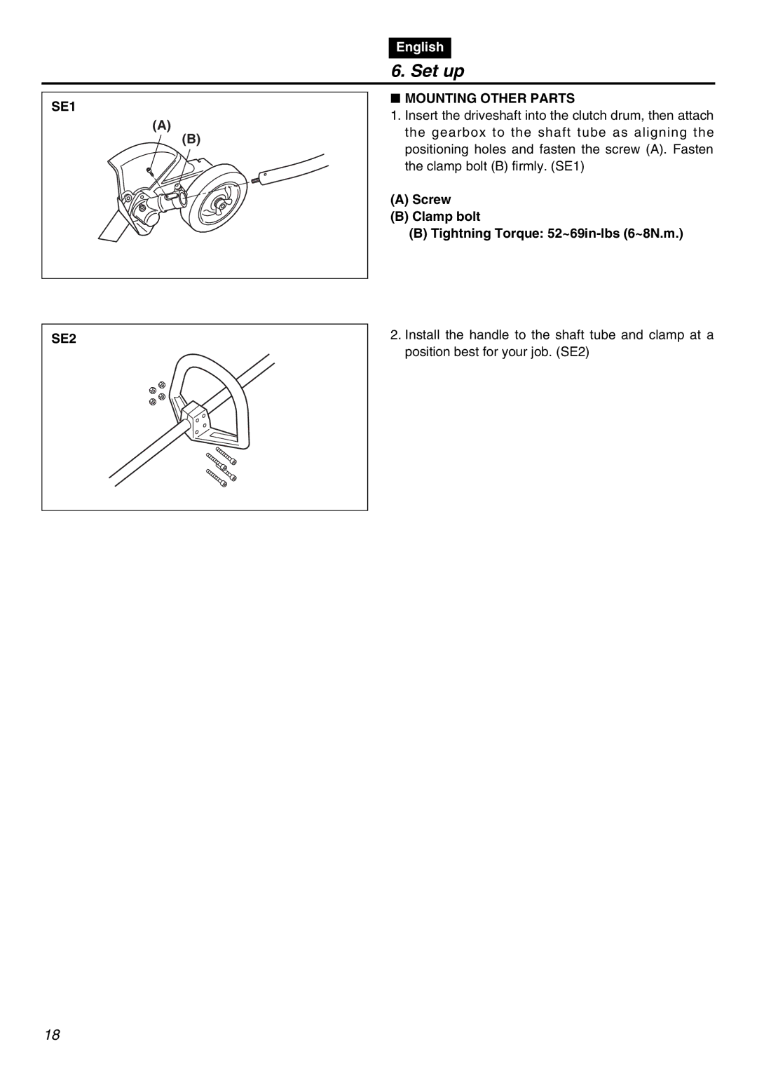 RedMax HEZ2601F manual Set up, SE1 Mounting Other Parts, Screw Clamp bolt Tightning Torque 52~69in-lbs 6~8N.m, SE2 