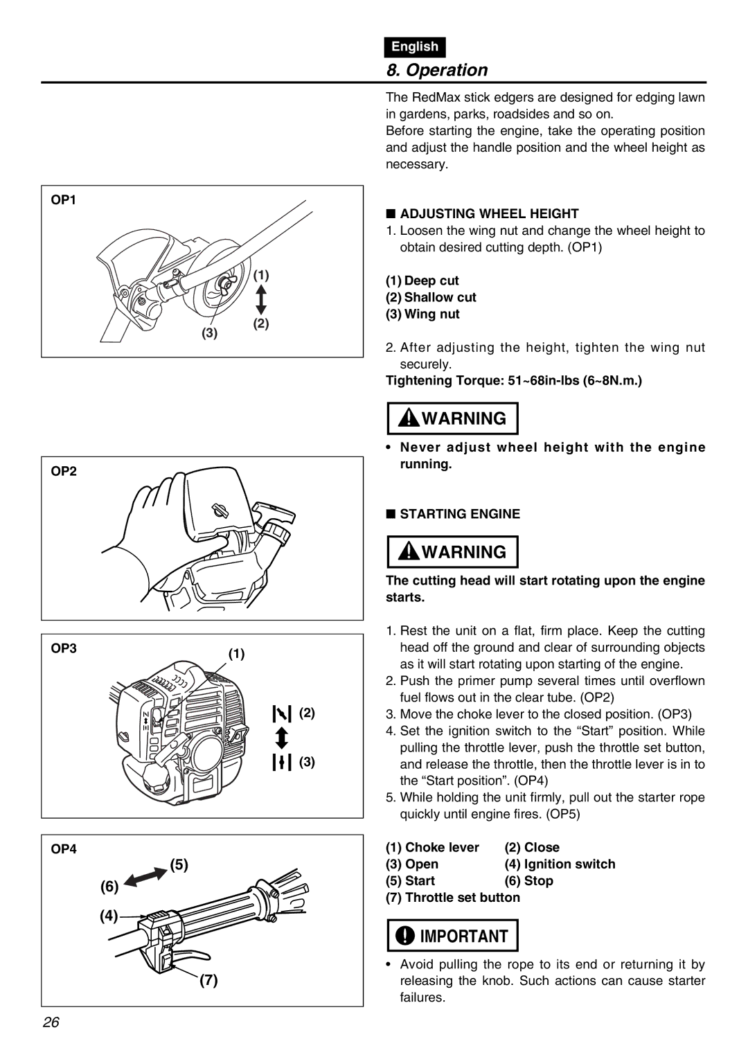 RedMax HEZ2601F manual Operation, OP1, Adjusting Wheel Height, OP2 OP3 OP4, Starting Engine 