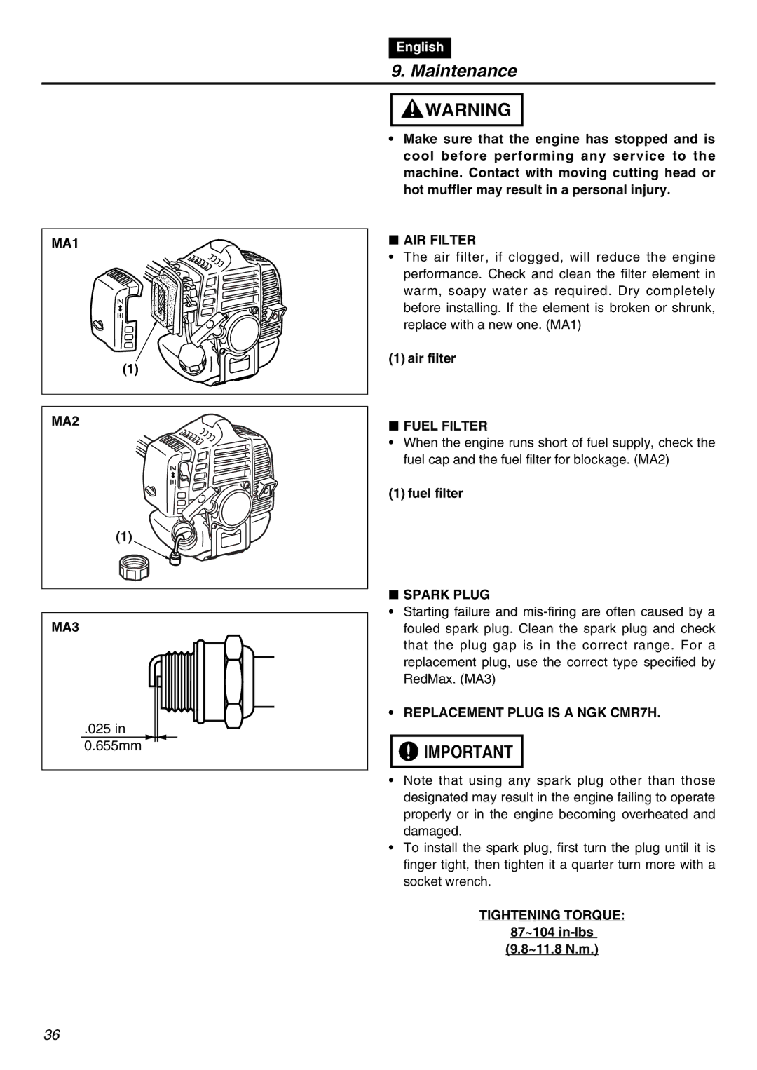 RedMax HEZ2601F manual MA1 MA2 MA3, AIR Filter, Fuel Filter, Spark Plug, Replacement Plug is a NGK CMR7H, Tightening Torque 