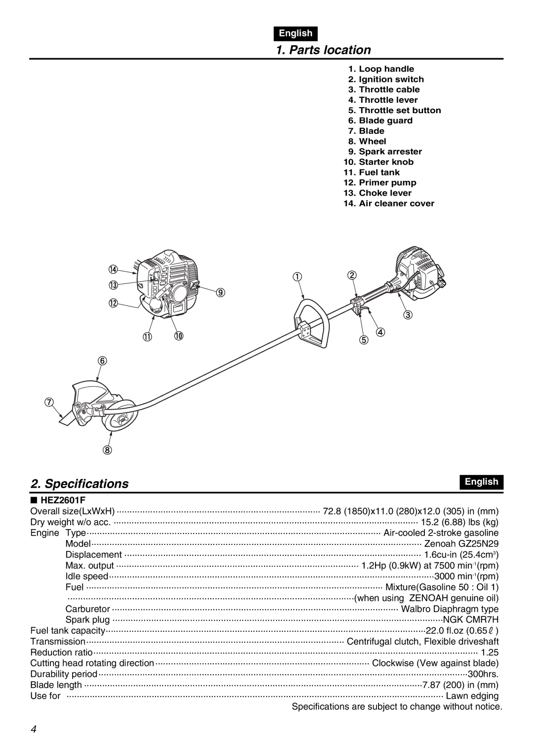 RedMax HEZ2601F manual Parts location, Specifications 