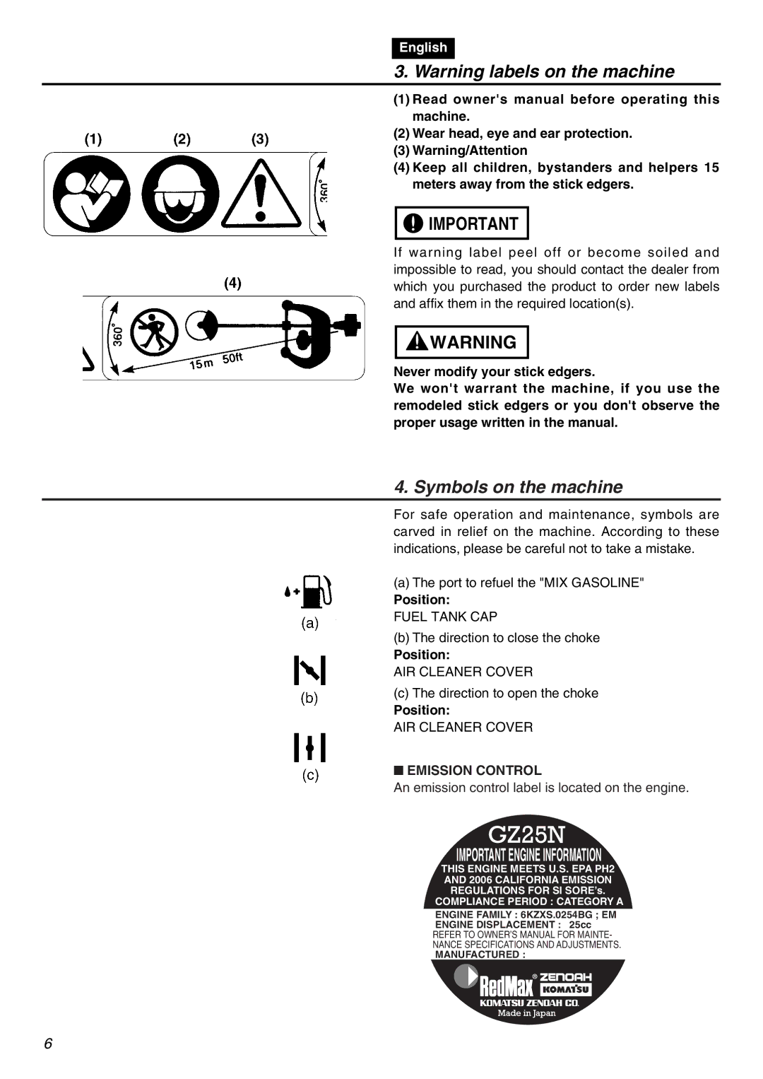 RedMax HEZ2601F manual Symbols on the machine, Position, Emission Control 