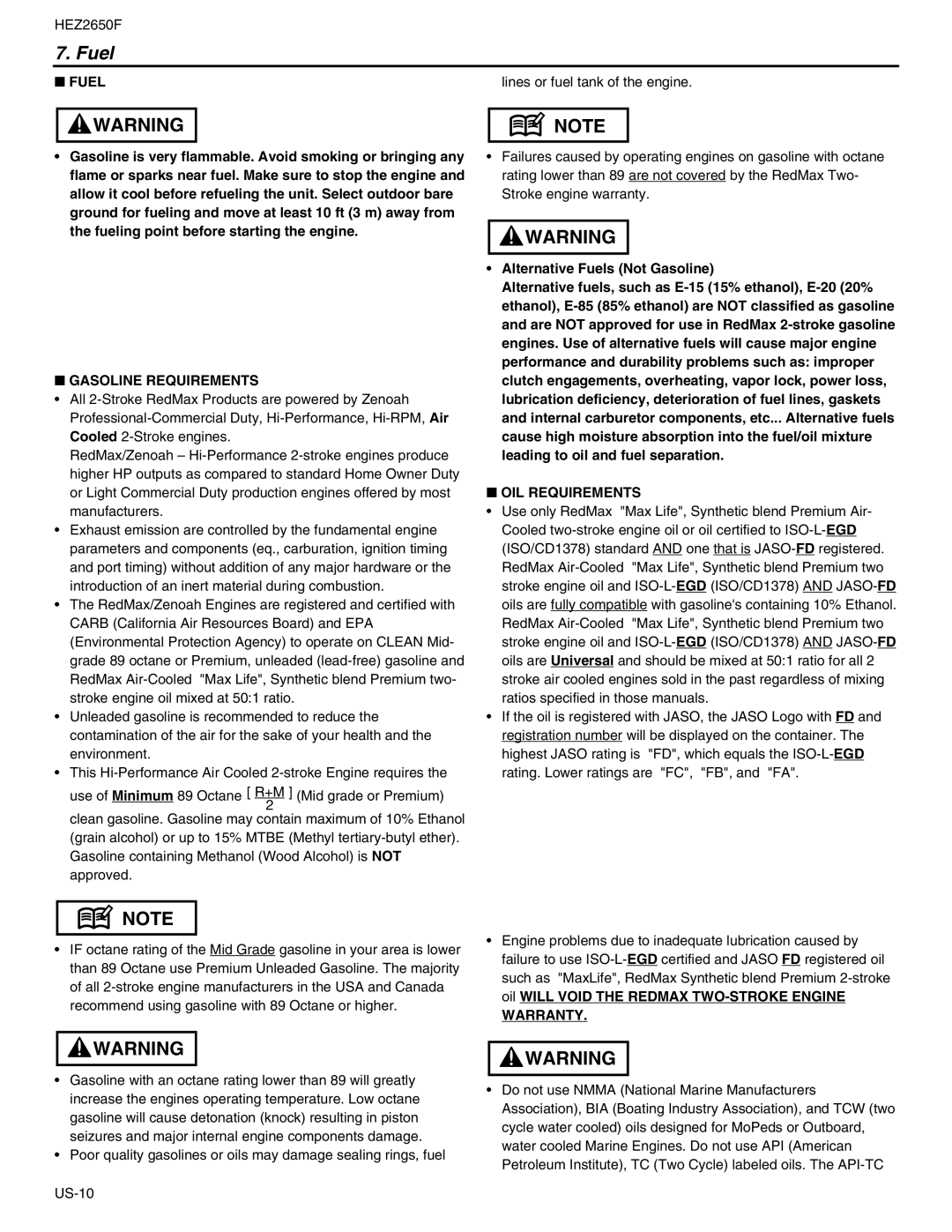 RedMax HEZ2650F manual Fuel, Gasoline Requirements, OIL Requirements, Warranty 