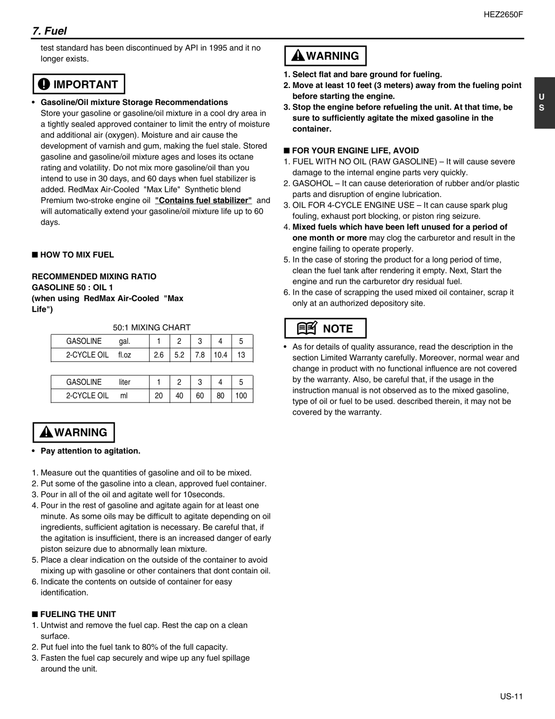 RedMax HEZ2650F HOW to MIX Fuel Recommended Mixing Ratio Gasoline 50 OIL, For Your Engine LIFE, Avoid, Fueling the Unit 