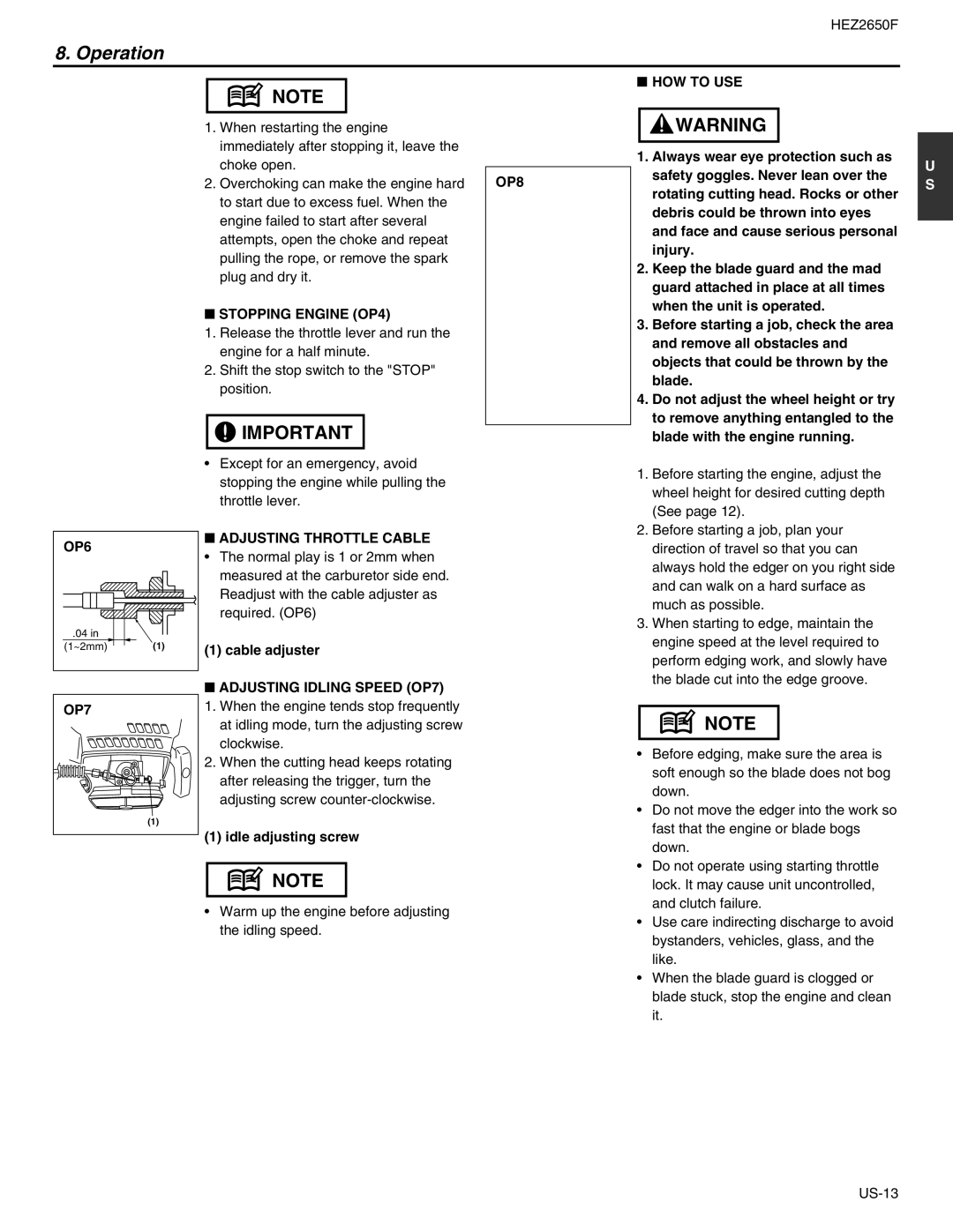 RedMax HEZ2650F manual Stopping Engine OP4, OP8 HOW to USE, OP6, Adjusting Throttle Cable, Adjusting Idling Speed OP7 