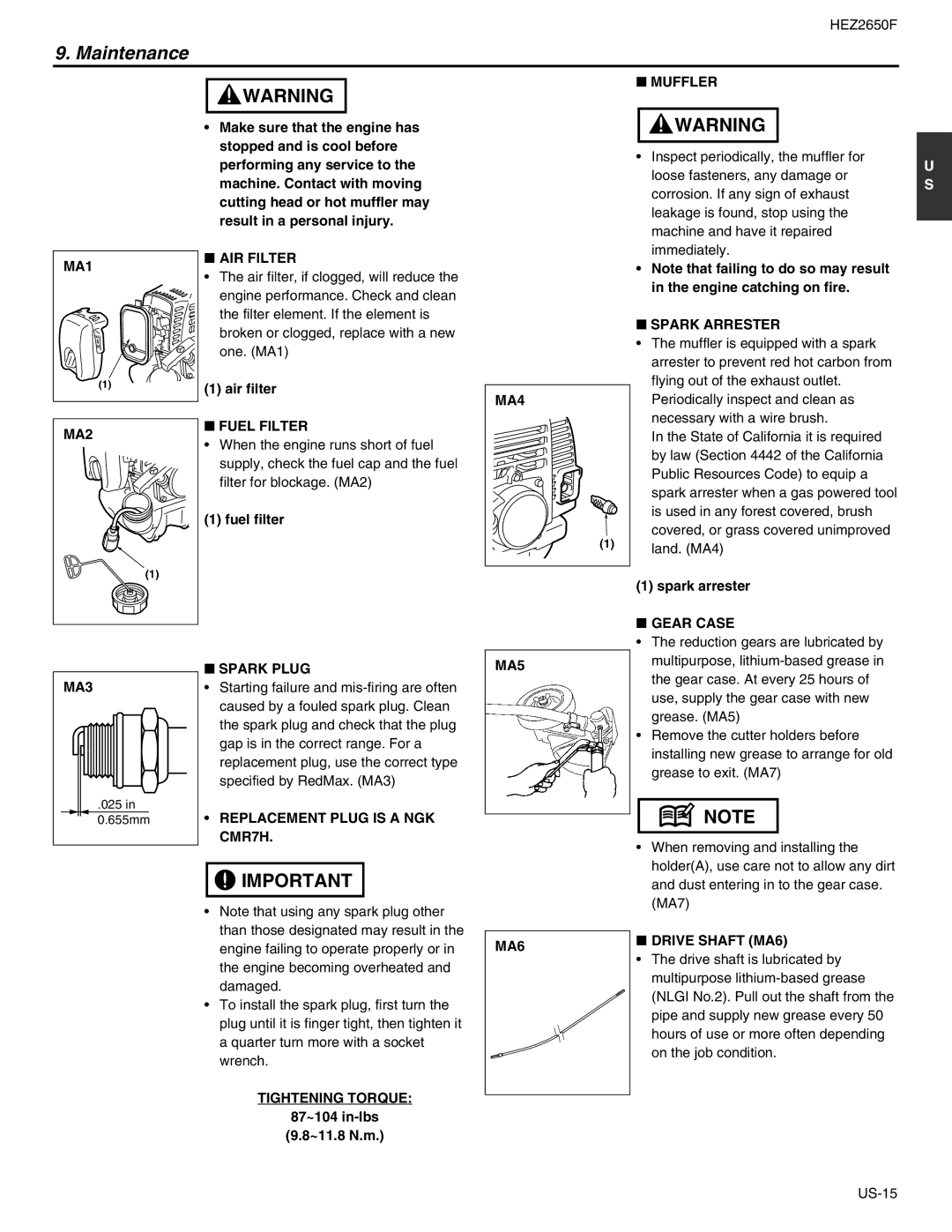 RedMax HEZ2650F manual MA1 AIR Filter, Muffler, MA4, Spark Arrester, MA2, Fuel Filter, MA3, Spark Plug, Gear Case 