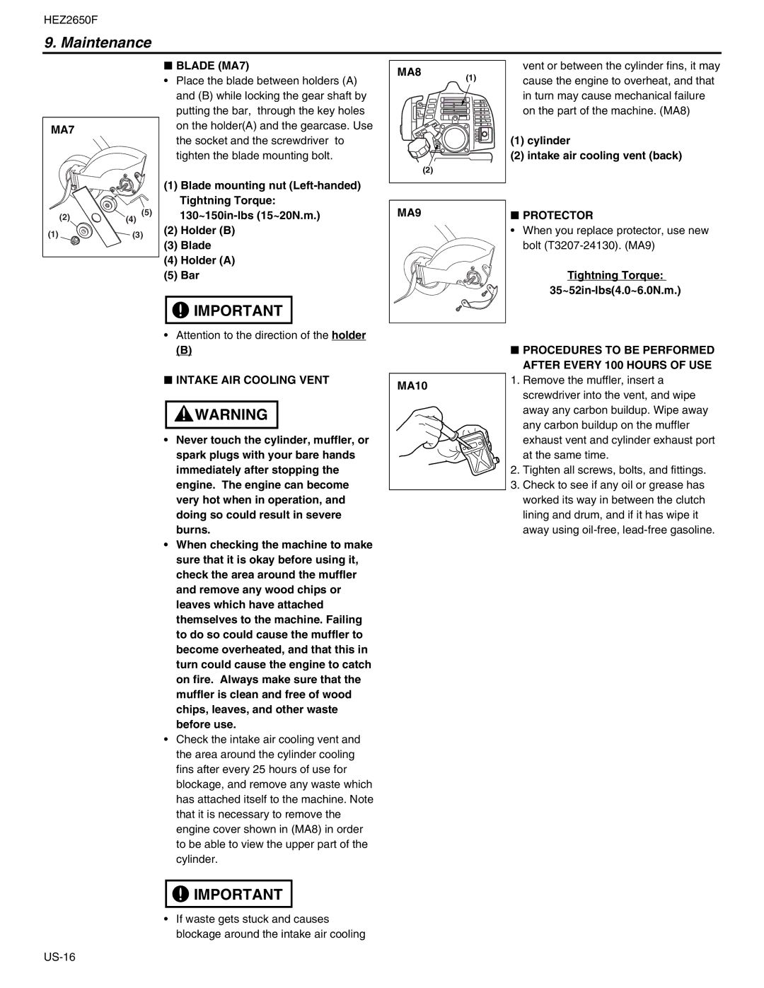 RedMax HEZ2650F manual MA7 Blade MA7, MA8 MA9, Protector, Intake AIR Cooling Vent 