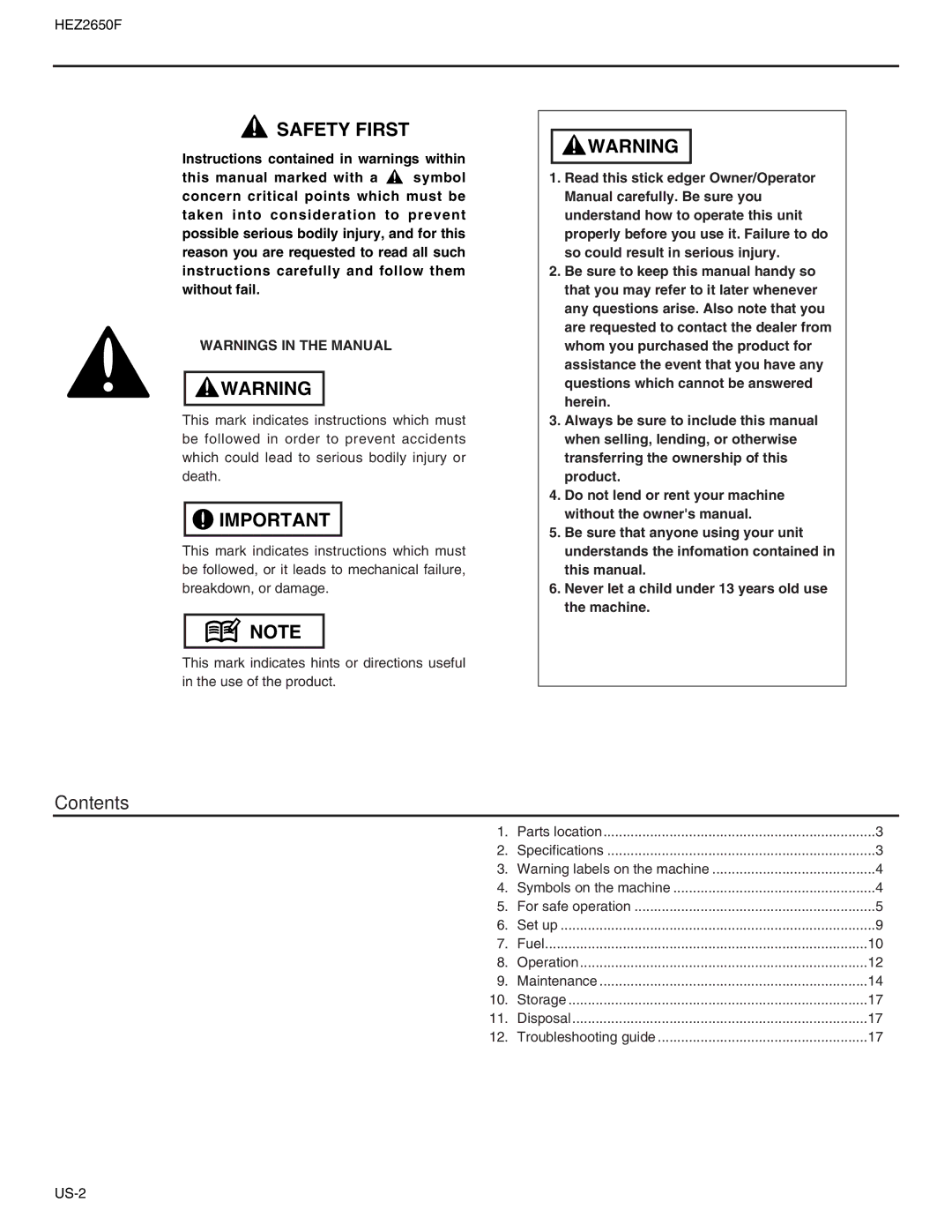 RedMax HEZ2650F manual Contents 