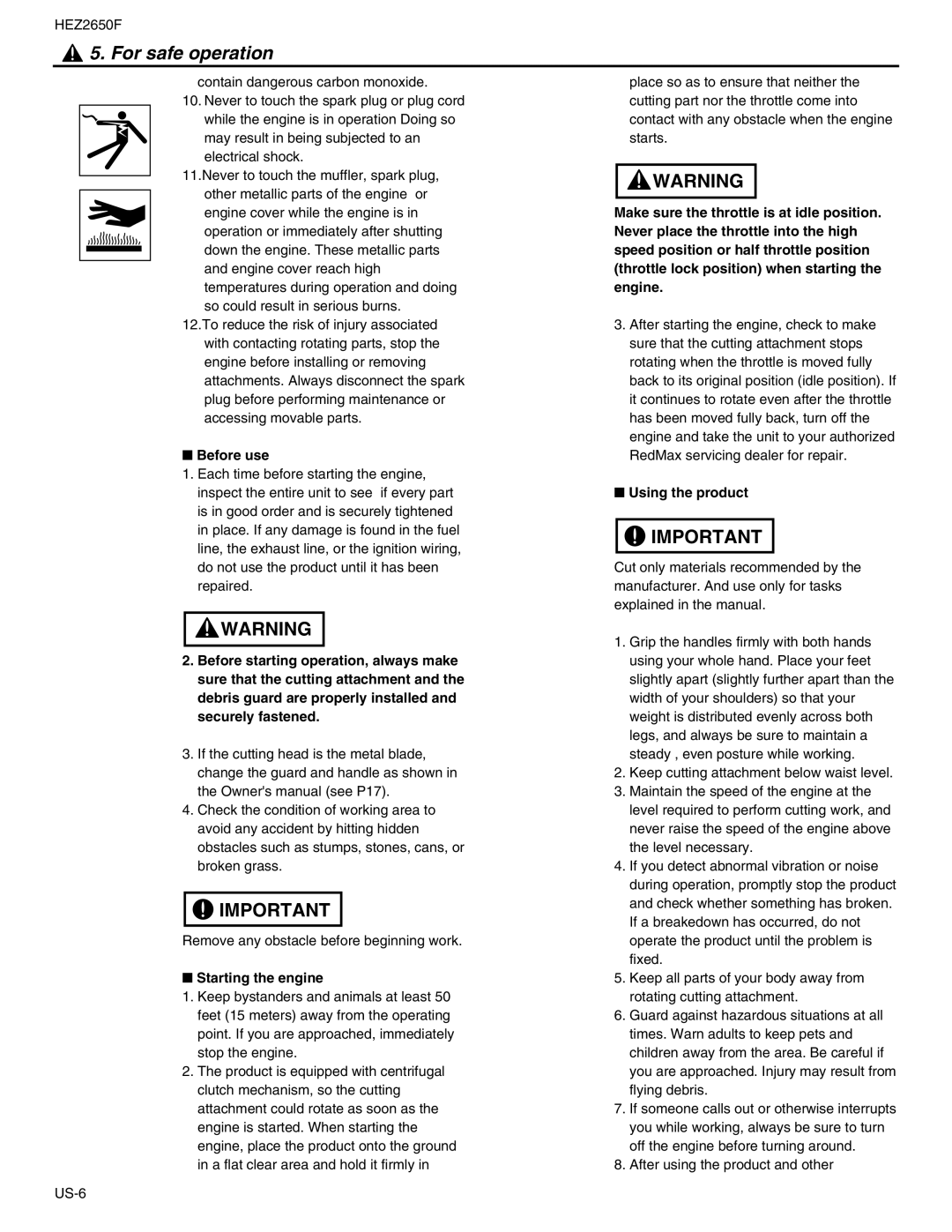RedMax HEZ2650F manual Before use, Using the product, Starting the engine 