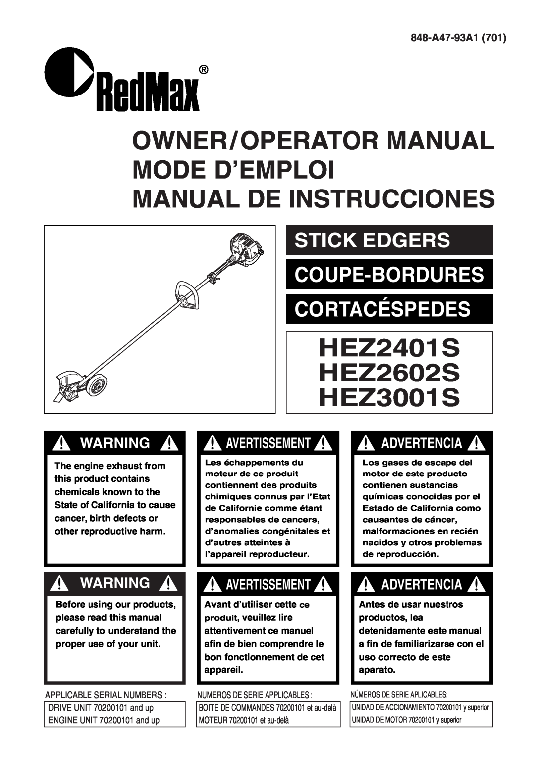 RedMax HEZ2602S, HEZ3001S manual Advertencia, 848-A47-93A1, Owner/Operator Manual Mode D’Emploi Manual De Instrucciones 