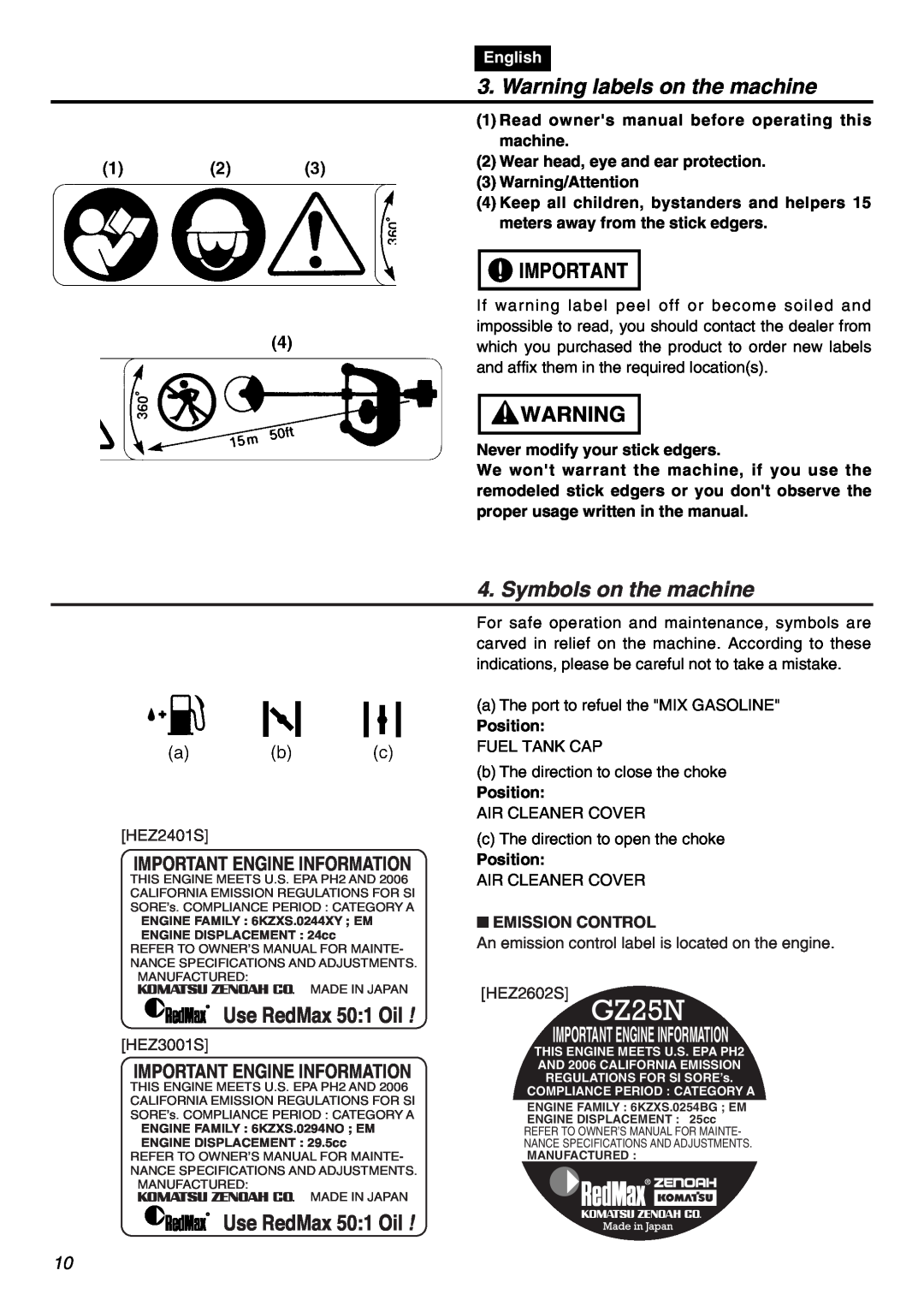 RedMax HEZ2602S, HEZ3001S Warning labels on the machine, Symbols on the machine, Important Engine Information, English 