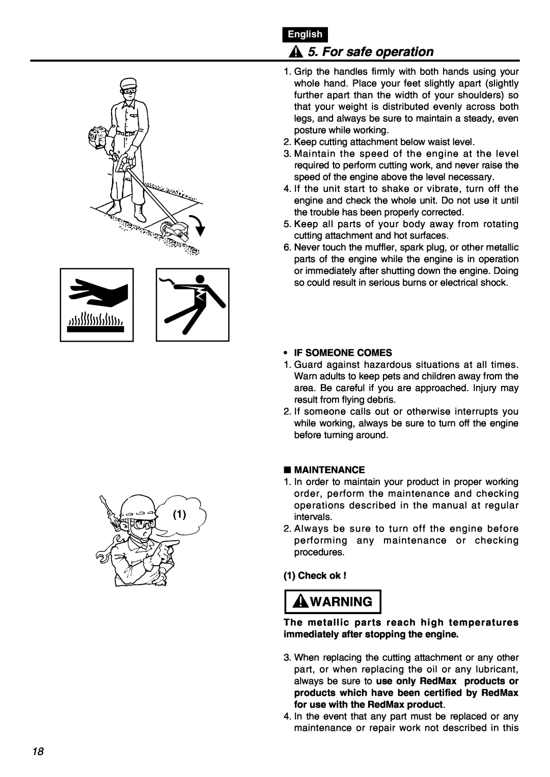 RedMax HEZ3001S, HEZ2602S, HEZ2401S manual For safe operation, English, If Someone Comes, Maintenance, Check ok 