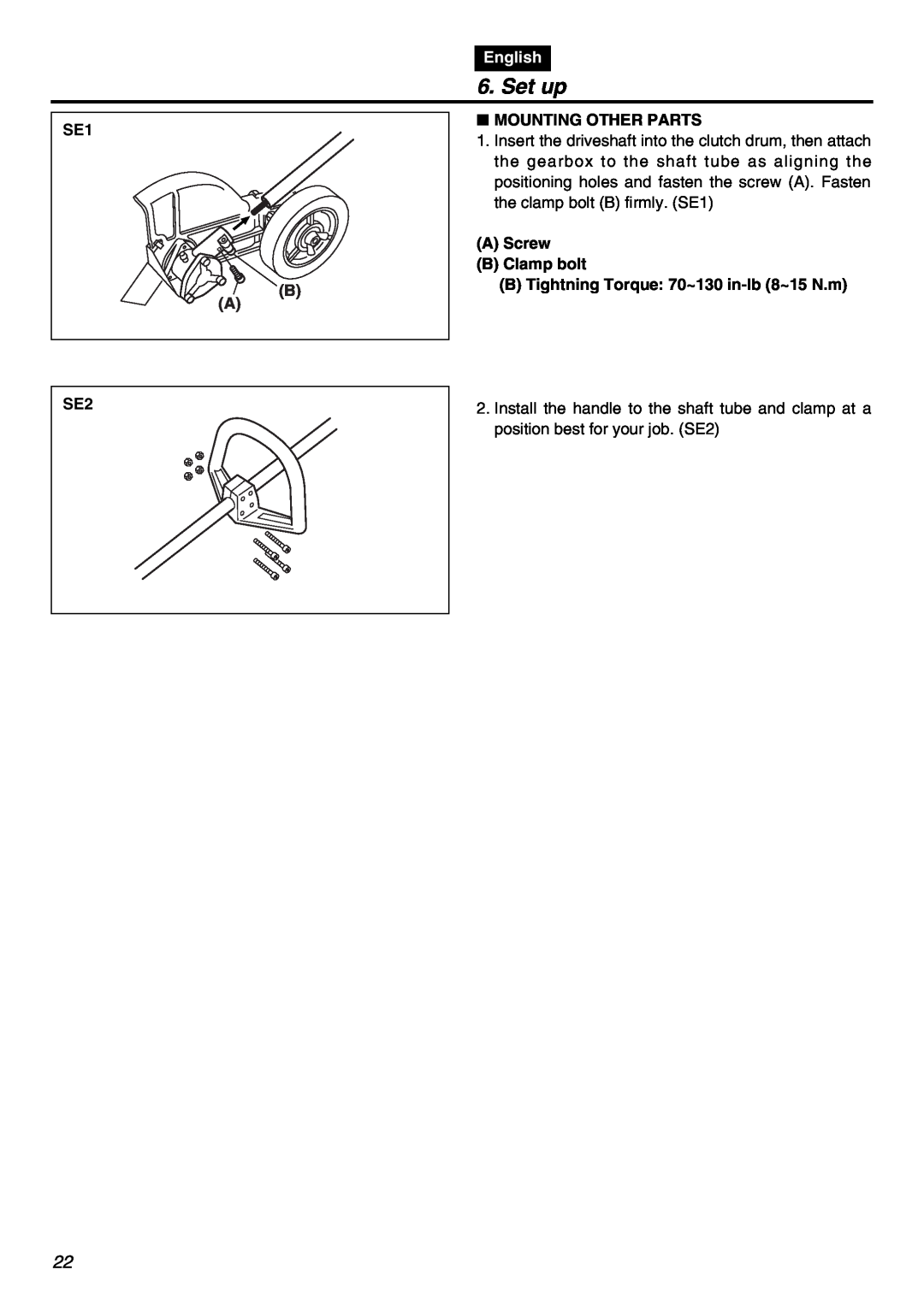 RedMax HEZ2602S, HEZ3001S, HEZ2401S manual Set up, English, SE1 B A, Mounting Other Parts 