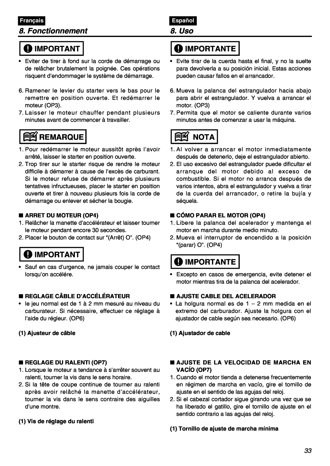 RedMax HEZ3001S, HEZ2602S, HEZ2401S manual Fonctionnement, Uso, Importante, Remarque, Nota, Français, Español 