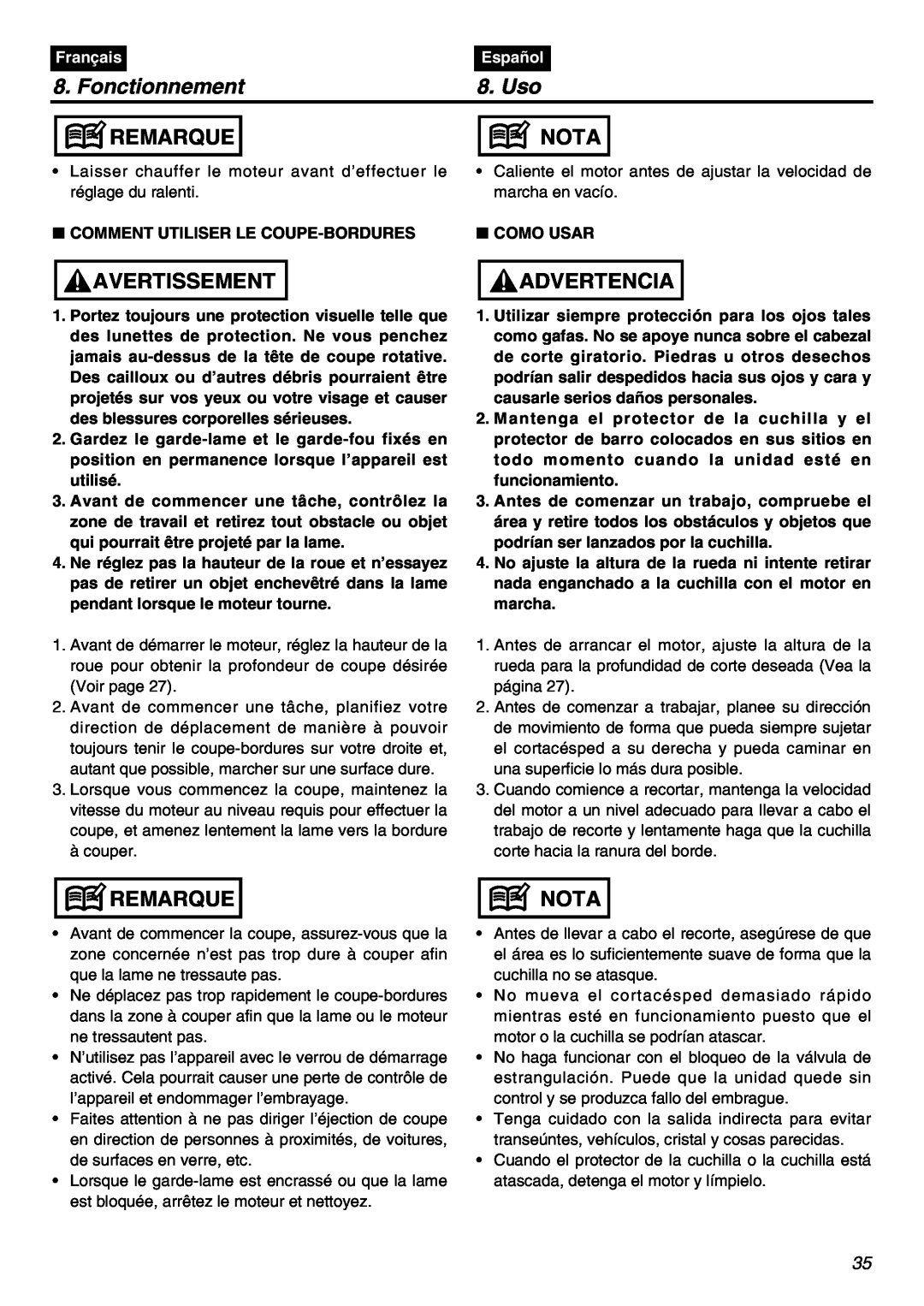RedMax HEZ2401S, HEZ3001S, HEZ2602S manual Fonctionnement, Uso, Remarque, Nota, Avertissement, Advertencia, Français, Español 