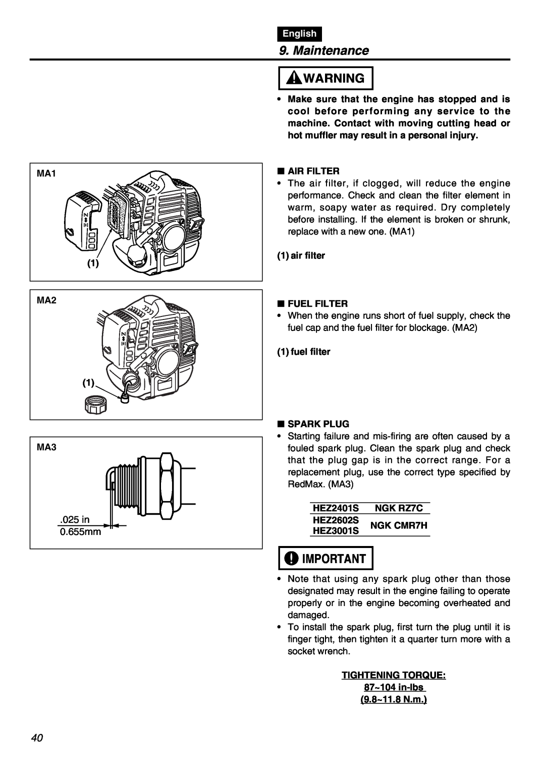 RedMax HEZ2602S, HEZ3001S, HEZ2401S manual 025 in 0.655mm, Maintenance, English 