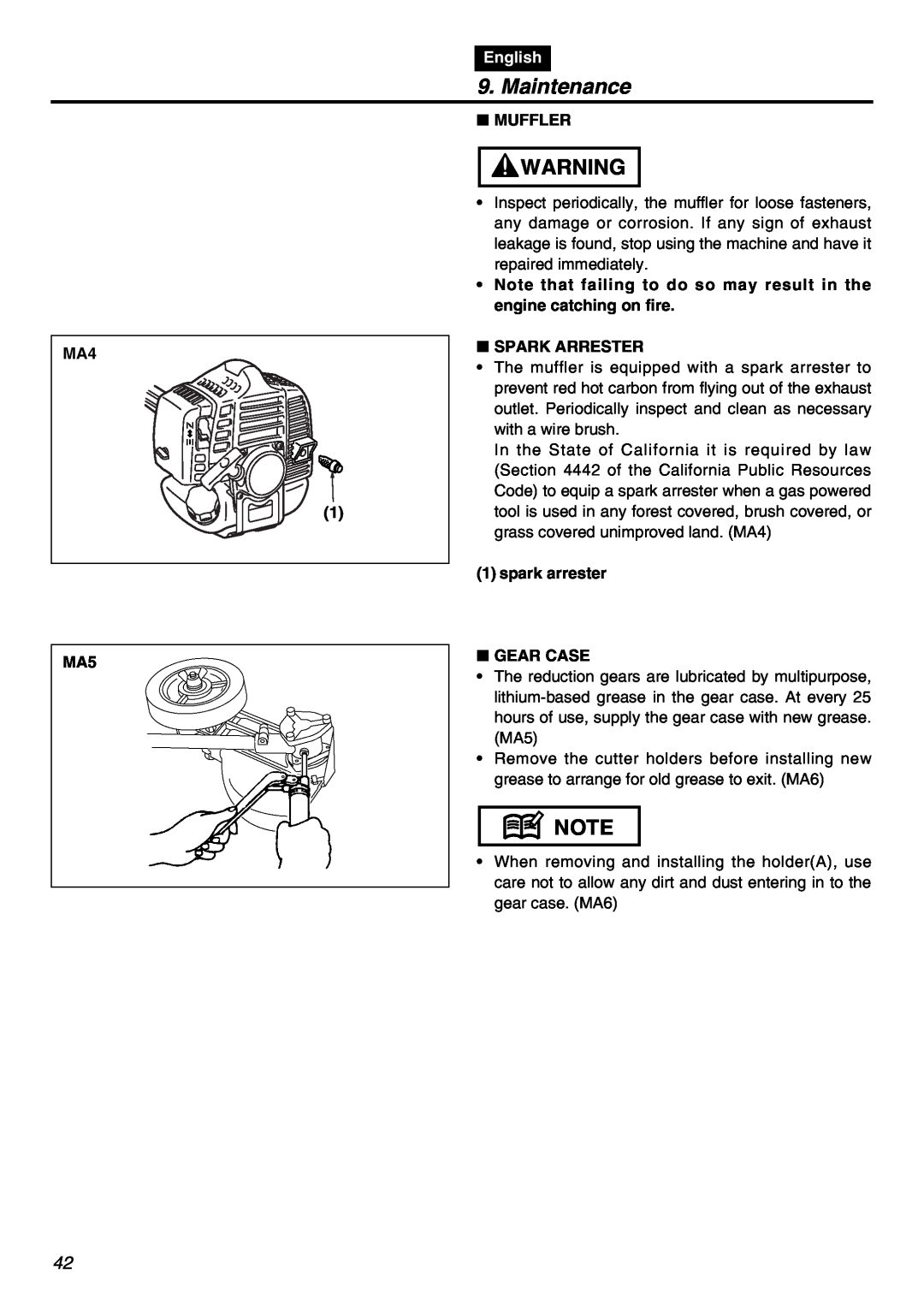 RedMax HEZ3001S manual Maintenance, English, Muffler, Note that failing to do so may result in the engine catching on fire 