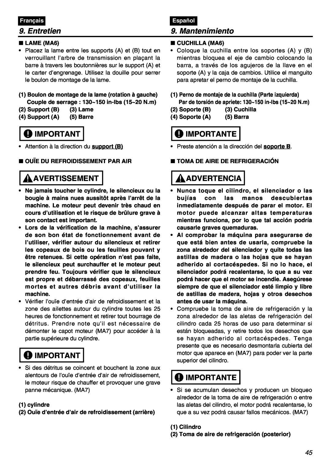 RedMax HEZ3001S manual LAME MA6, CUCHILLA MA6, Entretien, Mantenimiento, Avertissement, Importante, Advertencia, Français 
