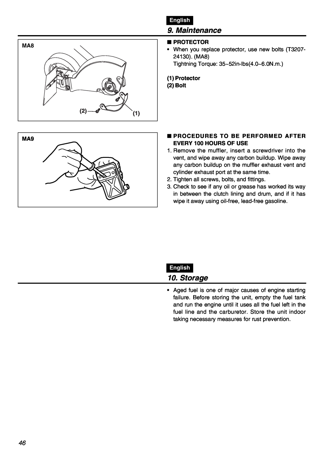 RedMax HEZ2602S, HEZ3001S, HEZ2401S manual Storage, Maintenance, English, Protector 2 Bolt 