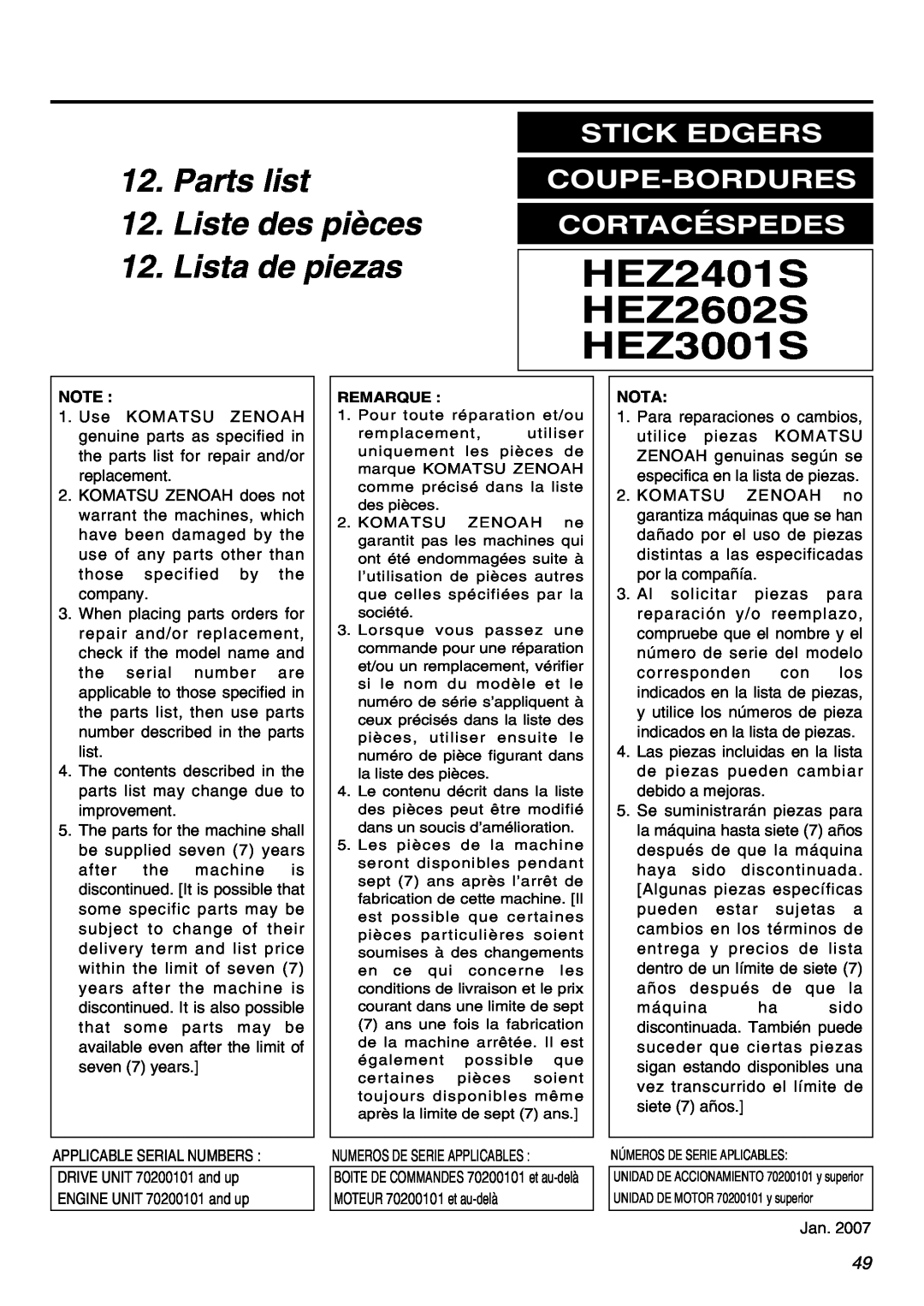 RedMax HEZ2602S, HEZ3001S Parts list 12. Liste des pièces 12. Lista de piezas, Stick Edgers Coupe-Bordures Cortacéspedes 