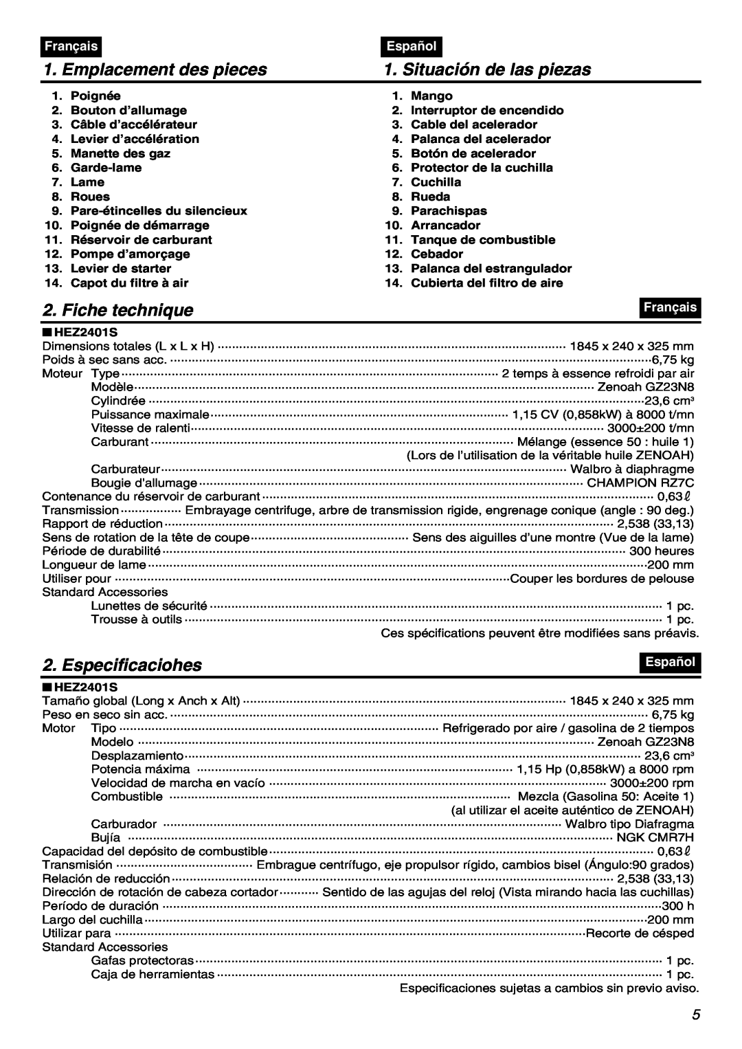 RedMax HEZ2401S Emplacement des pieces, Situación de las piezas, Fiche technique, Especificaciohes, Français, Español 