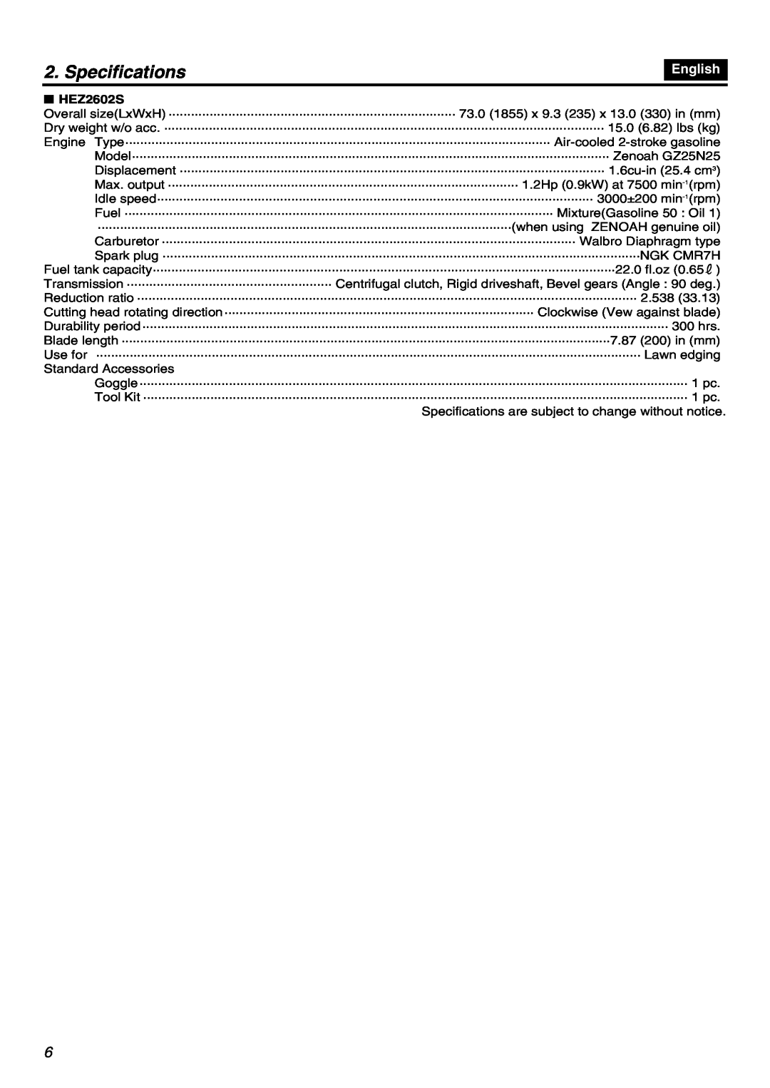 RedMax HEZ3001S, HEZ2401S manual Specifications, English, HEZ2602S 