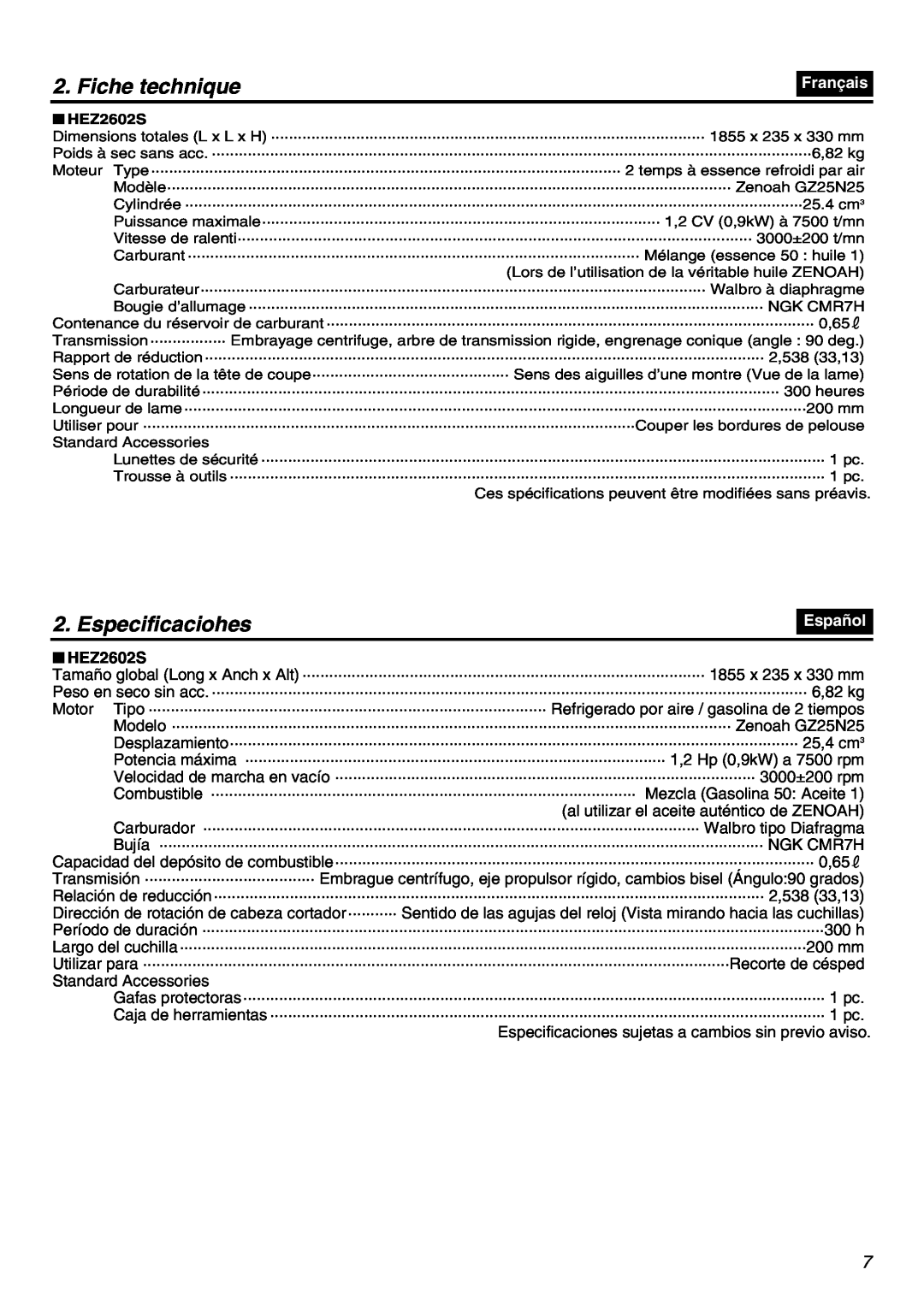 RedMax HEZ2602S Fiche technique, Especificaciohes, Français, Español, Especificaciones sujetas a cambios sin previo aviso 